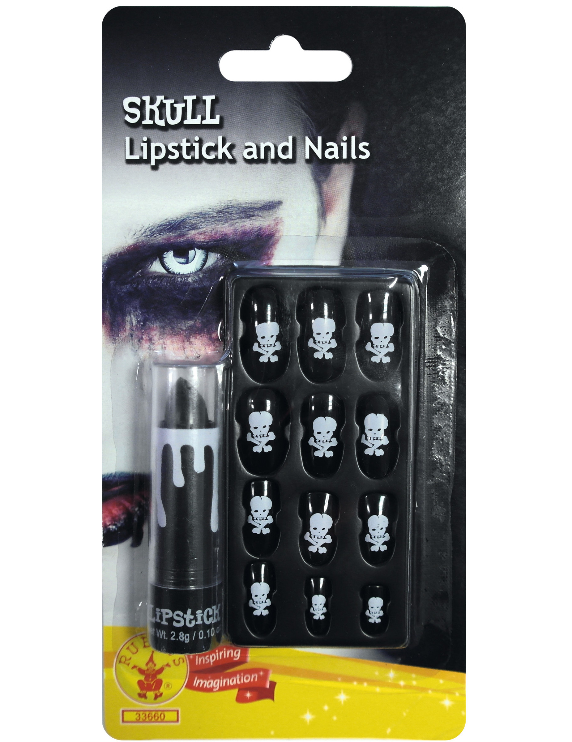 Kit rouge à lèvre et faux ongles tête de mort adulte