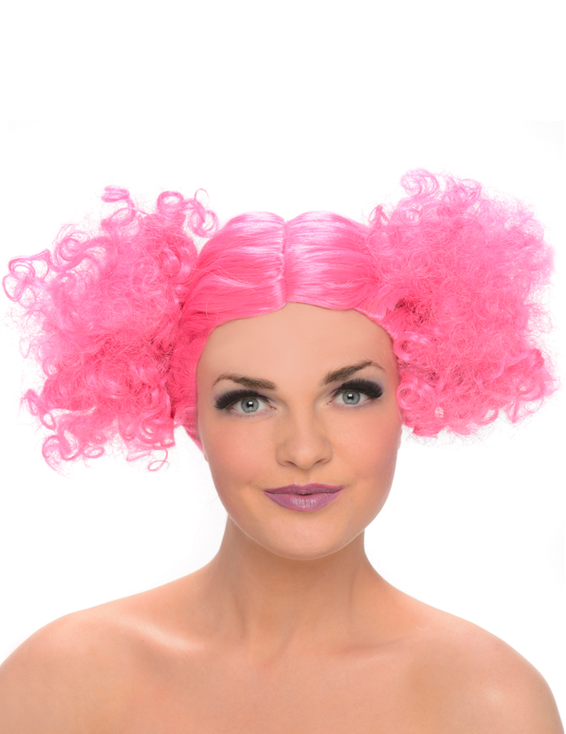 Perruque couettes boules rose femme