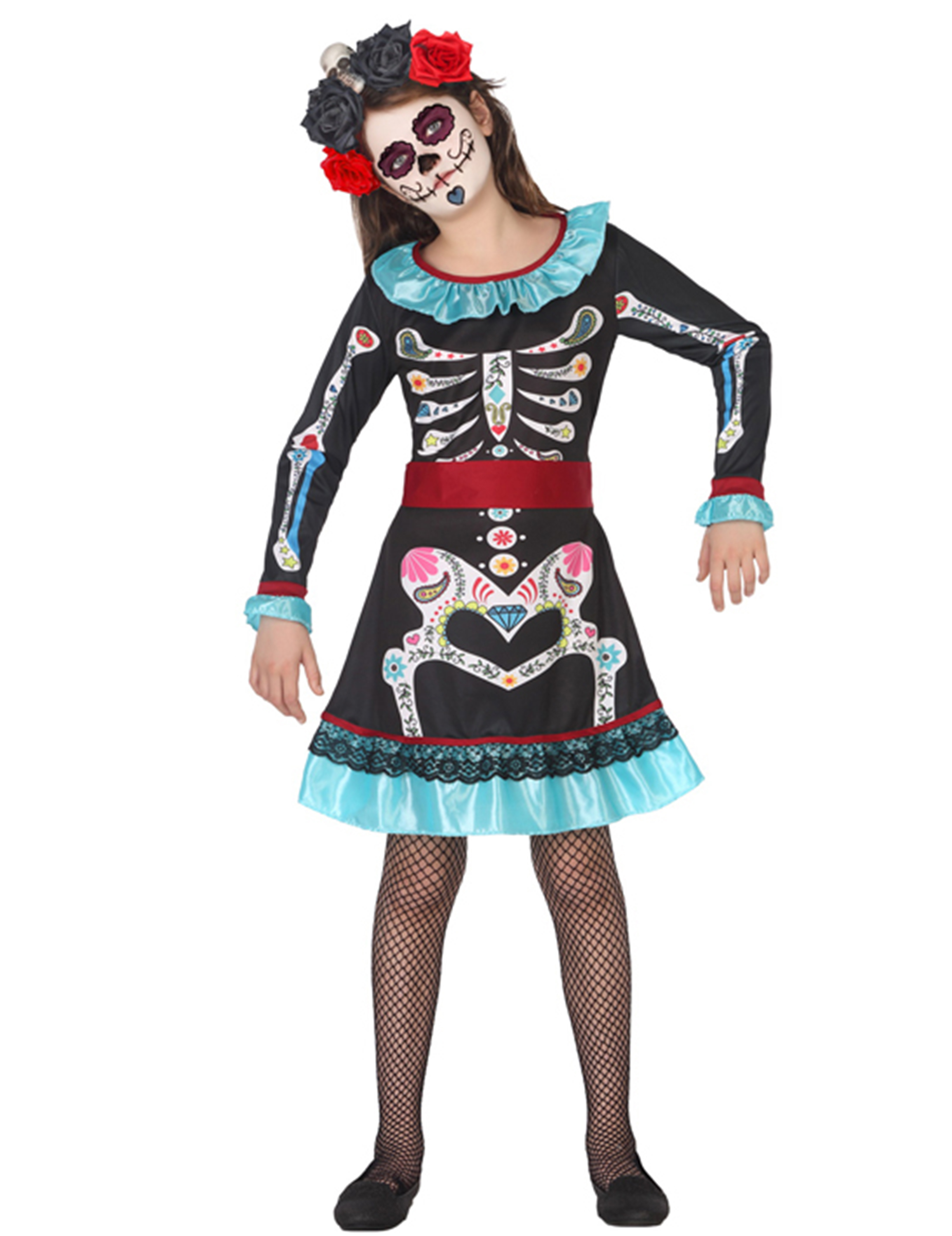 Déguisement squelette coloré bleu fille Dia de los muertos