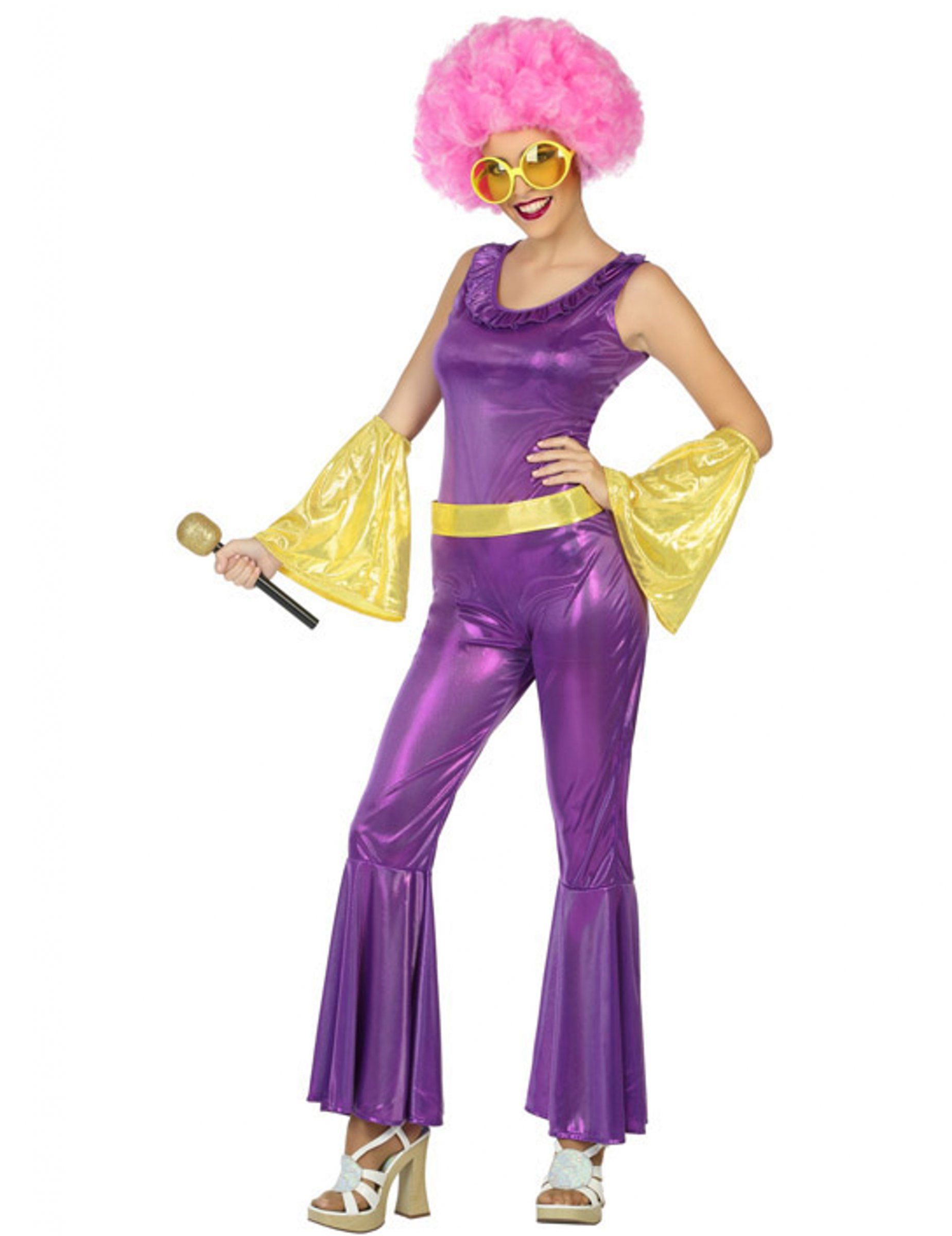 Déguisement disco holographique violet et or femme