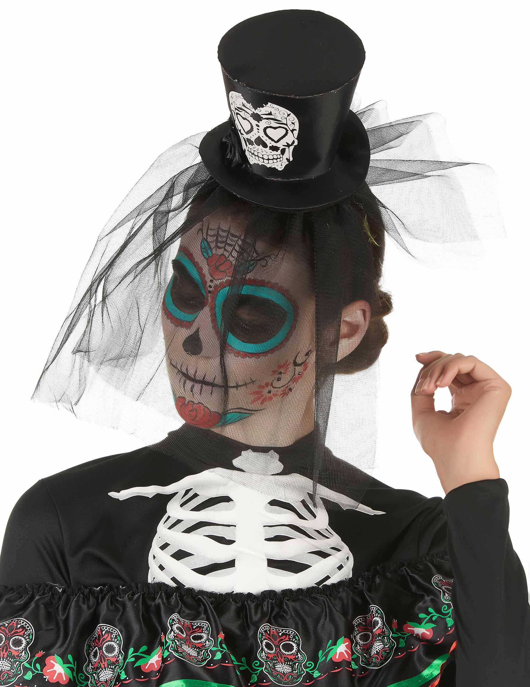 Serre tête mini chapeau noir Dia de los muertos avec voile adulte