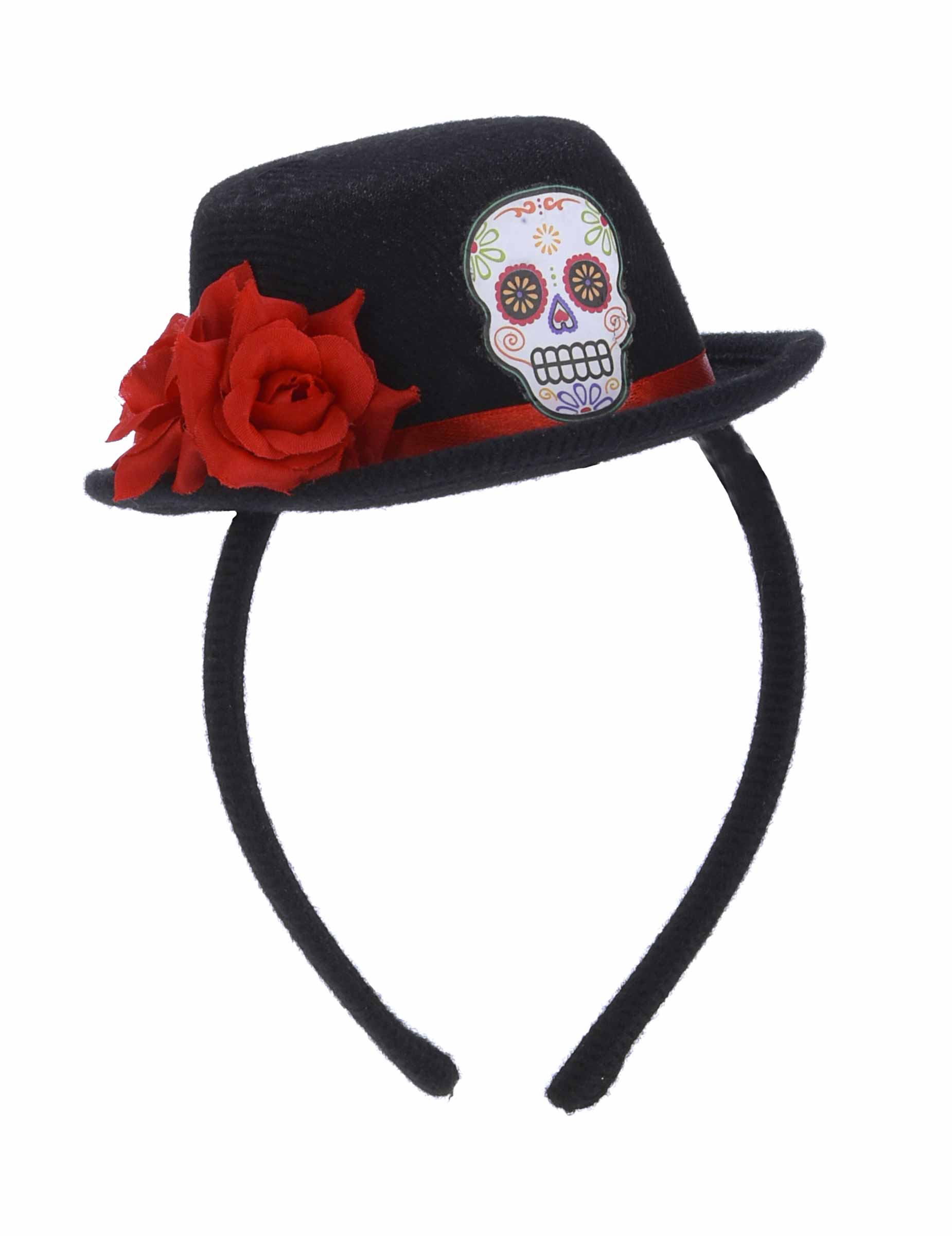 Serre-tête mini chapeau noir fleur rouge Dia de los muertos adulte