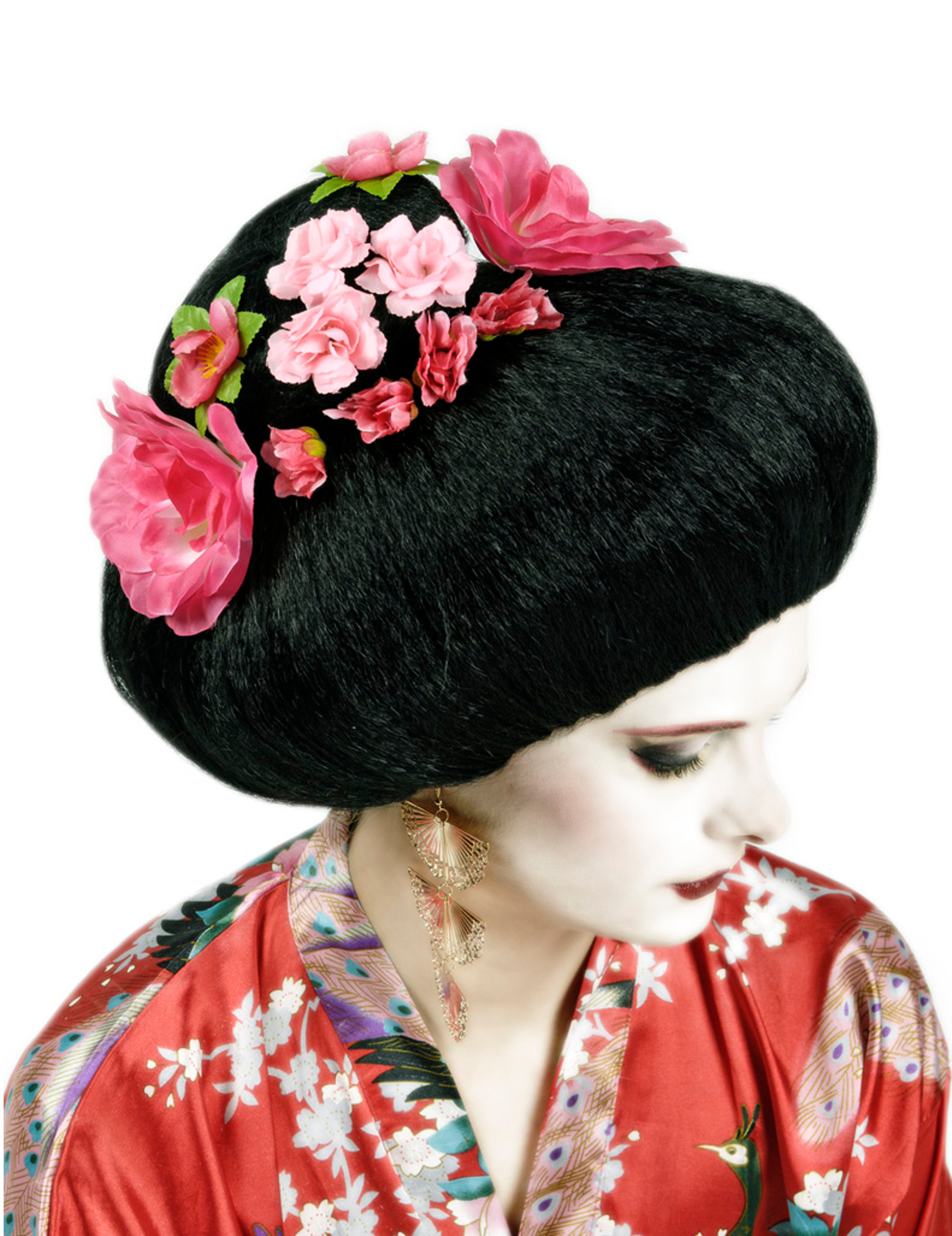 Perruque chinoise noire avec fleurs adulte