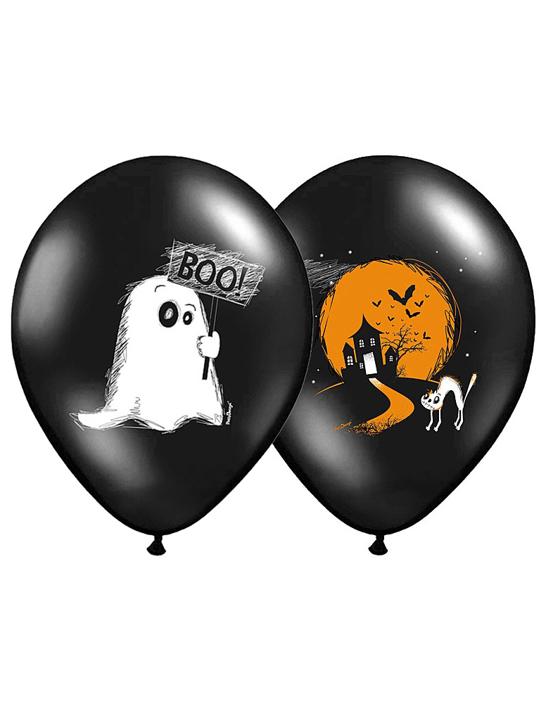 6 Ballons en latex halloween boo noirs 30 cm