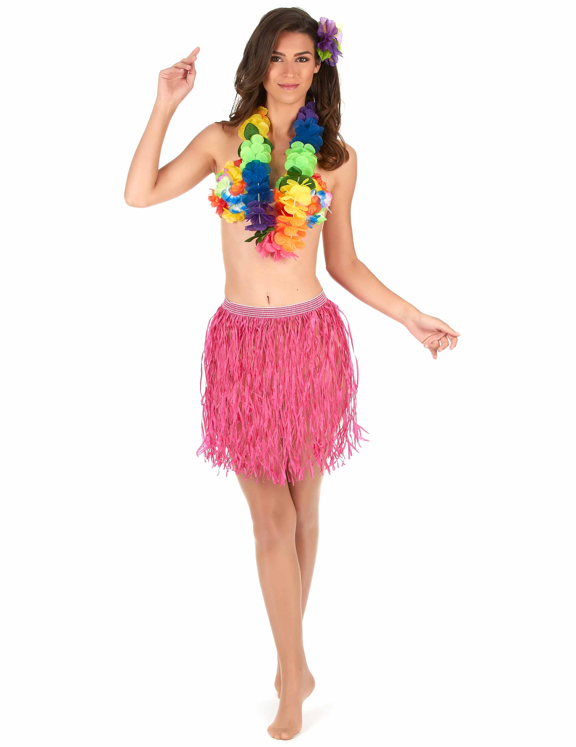 Jupe hawaïenne courte rose papier adulte