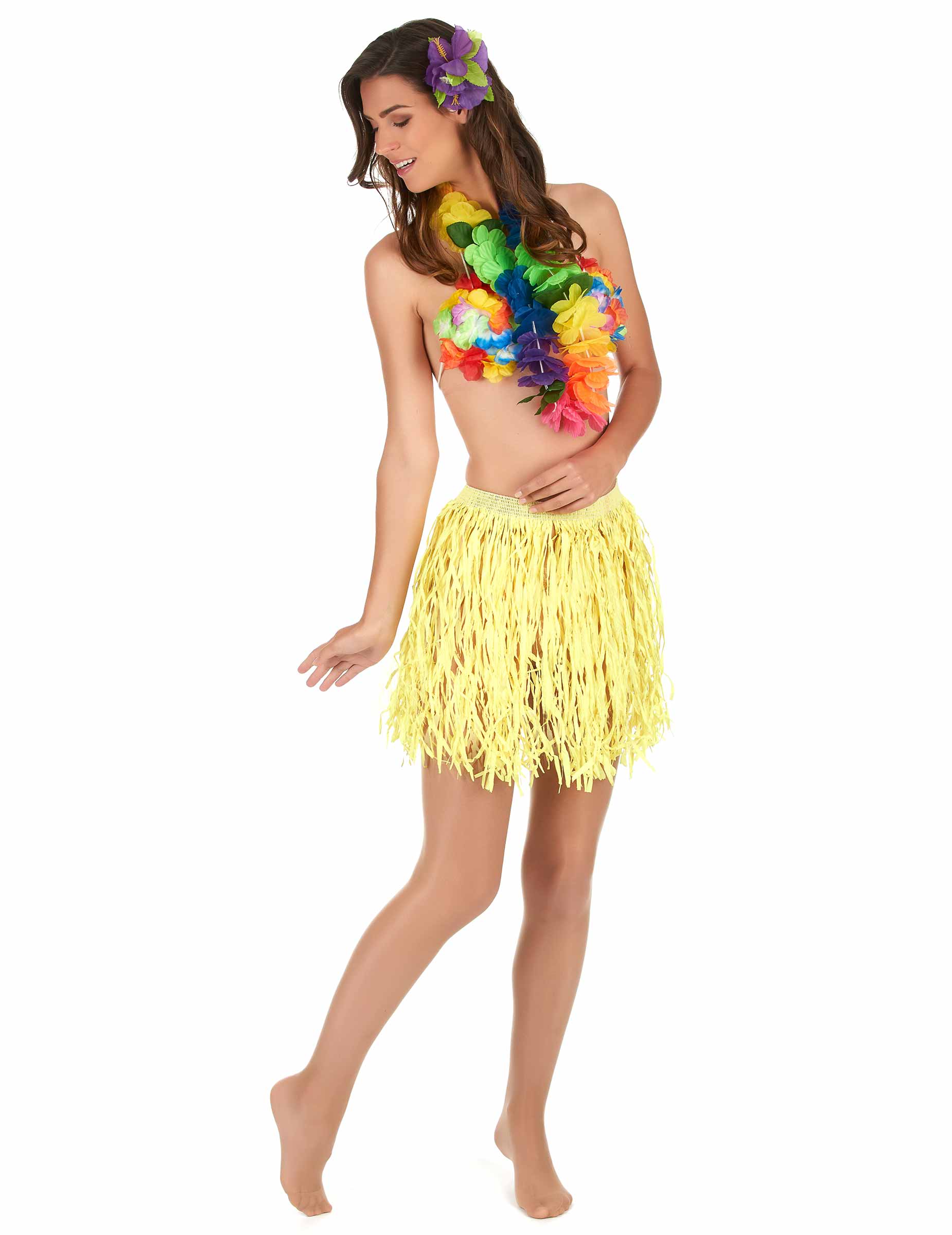 Jupe hawaïenne courte jaune papier adulte