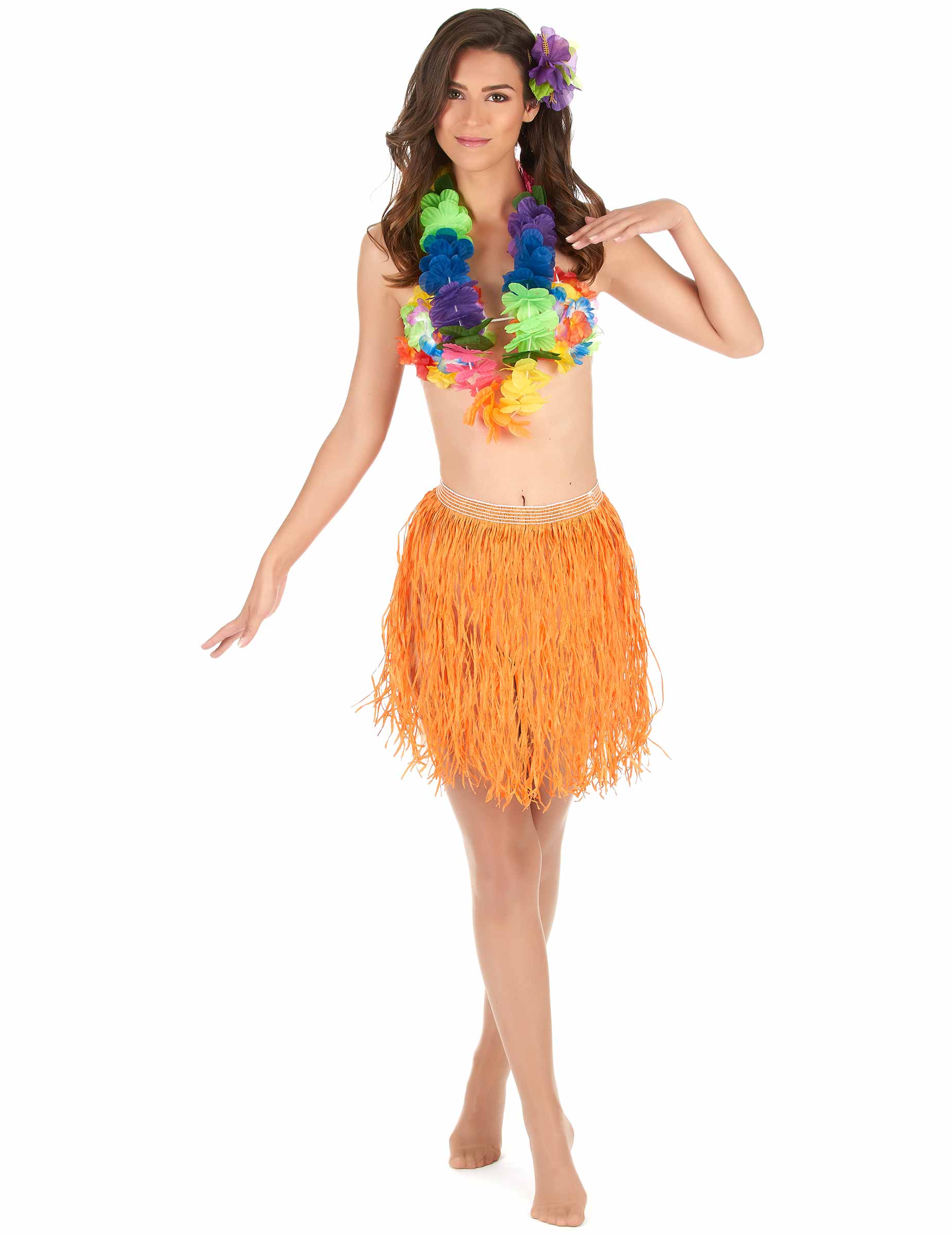 Jupe hawaïenne courte orange papier adulte