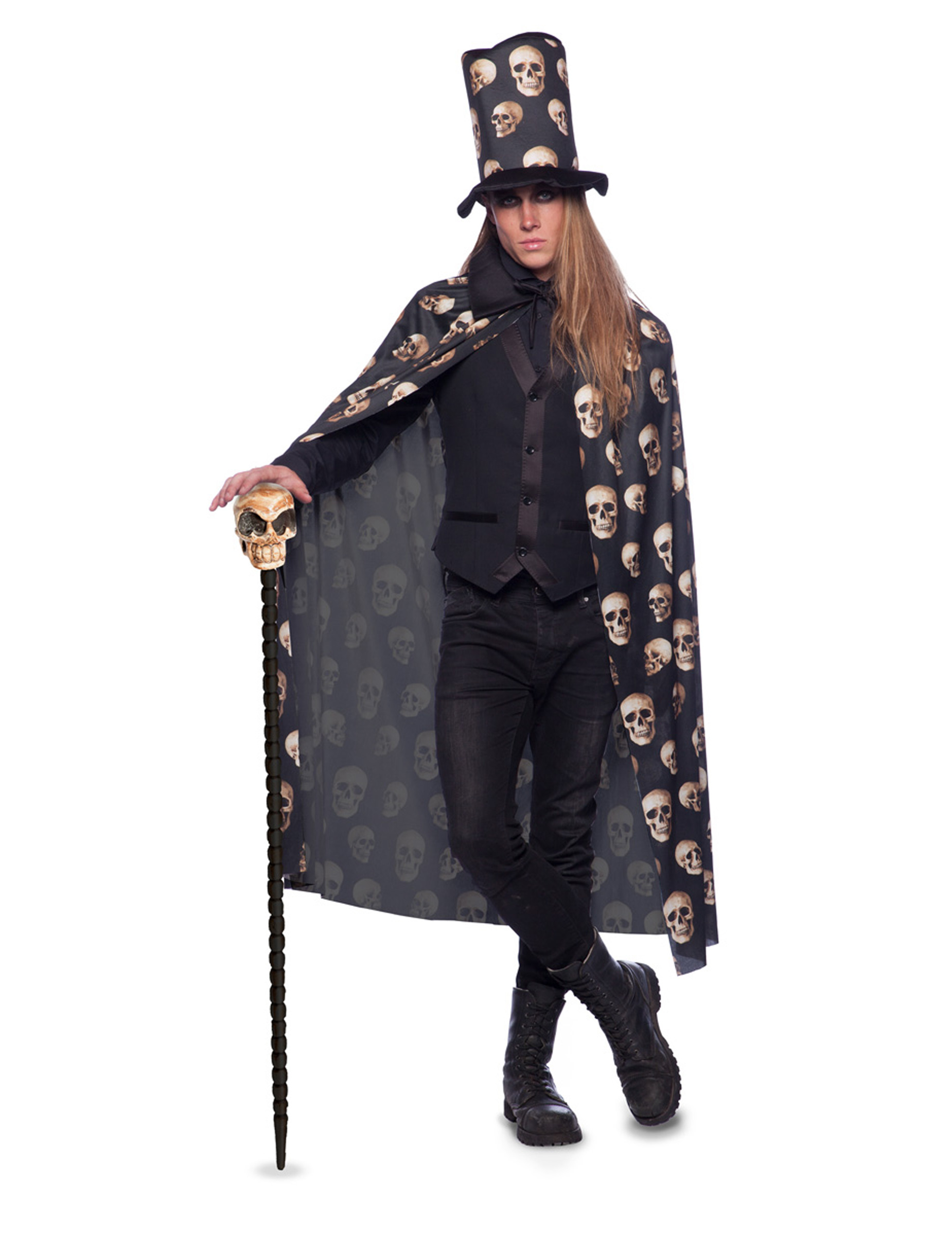 Cape têtes de mort avec chapeau haut de forme adulte halloween