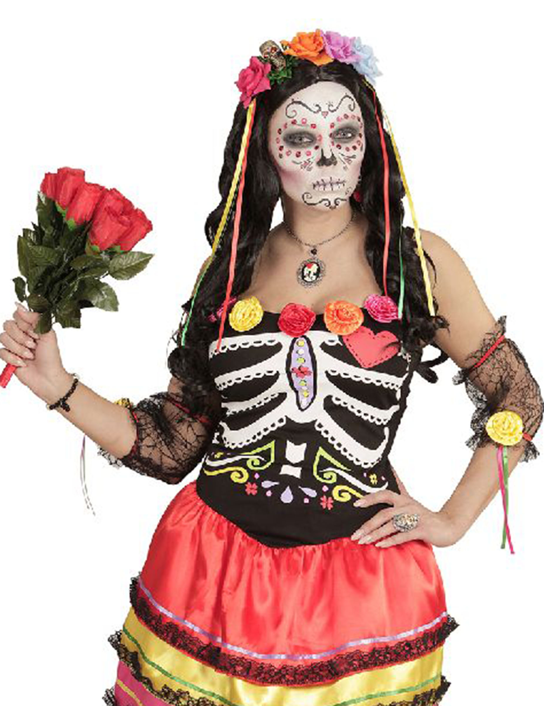 Serre-tête fleurs multicolores et rubans femme Dia de los muertos