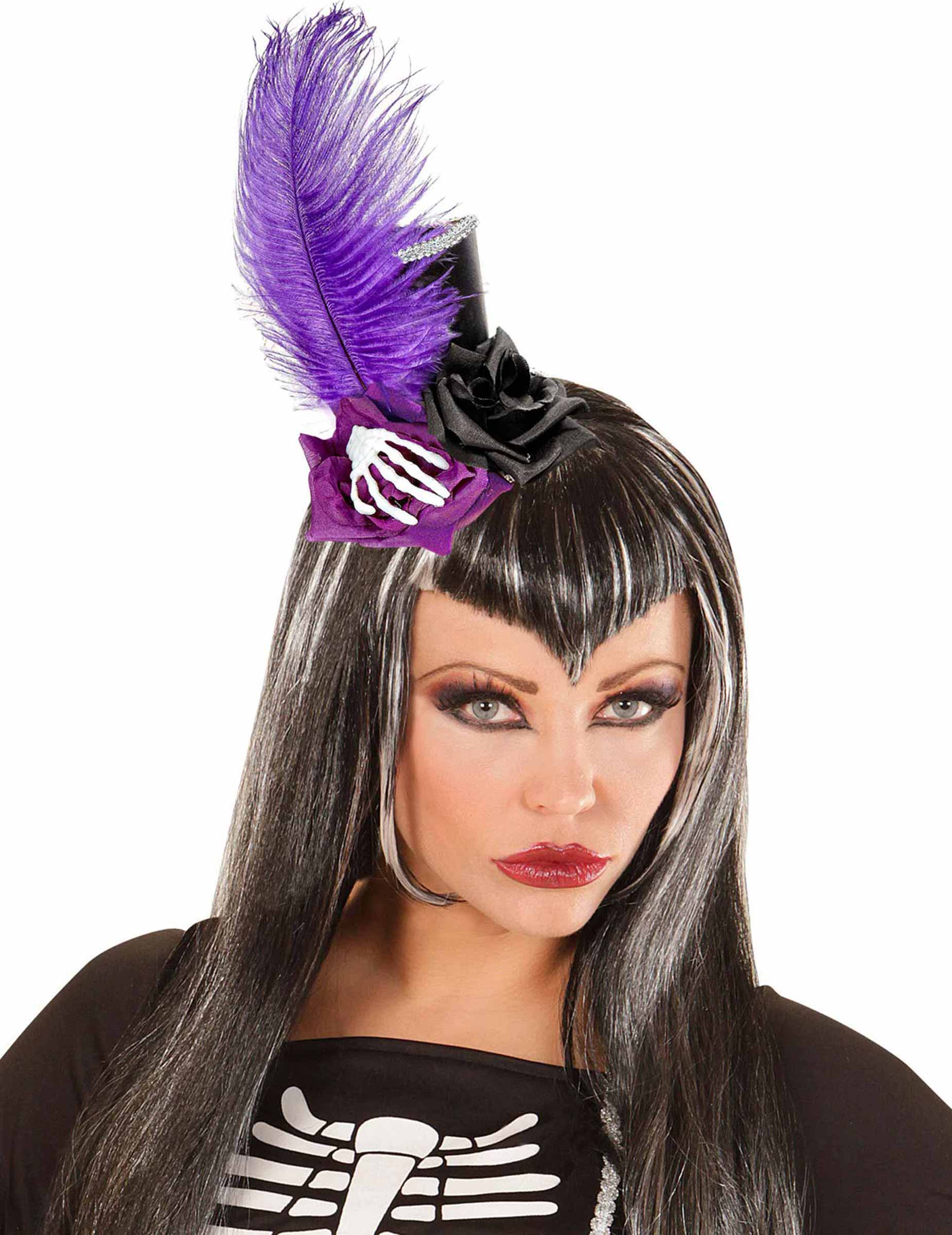 Mini chapeau haut de forme noir et violet adulte Dia de los muertos