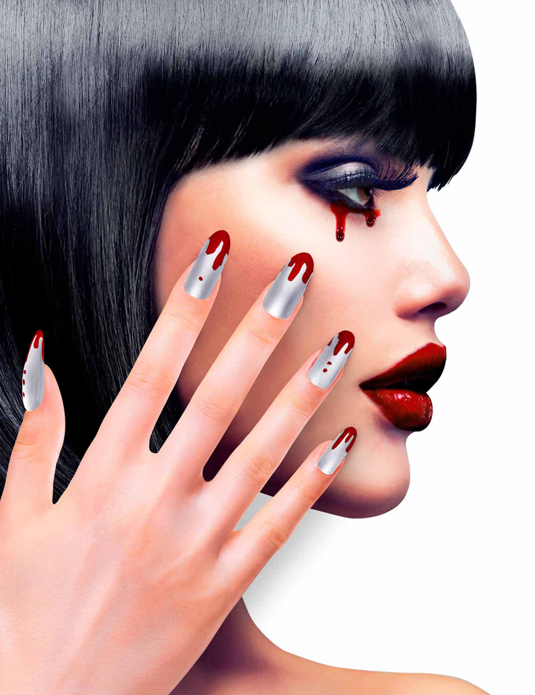 Faux ongles adhésifs argents ensanglantés femme Halloween