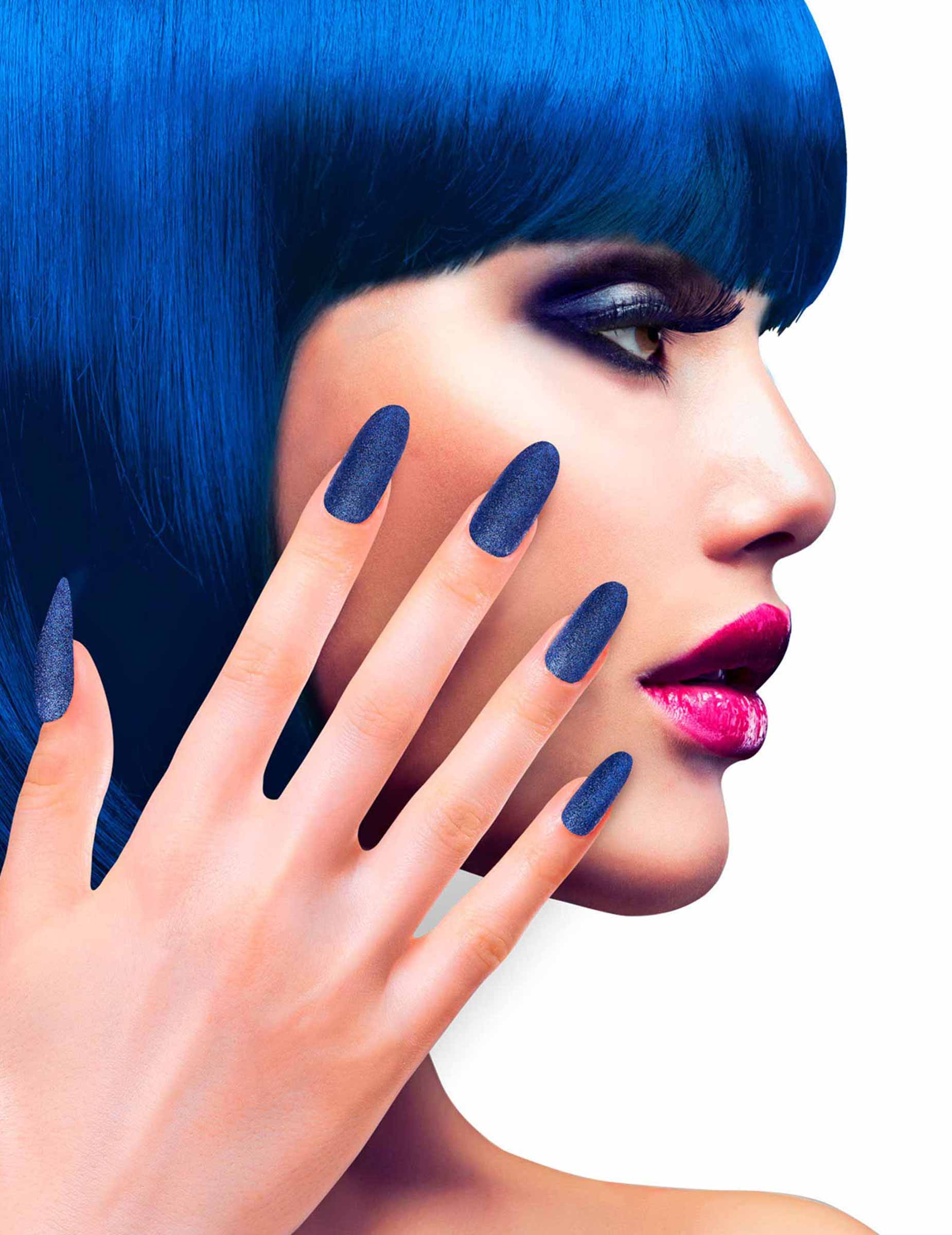 Faux ongles adhésifs bleus paillettés adulte
