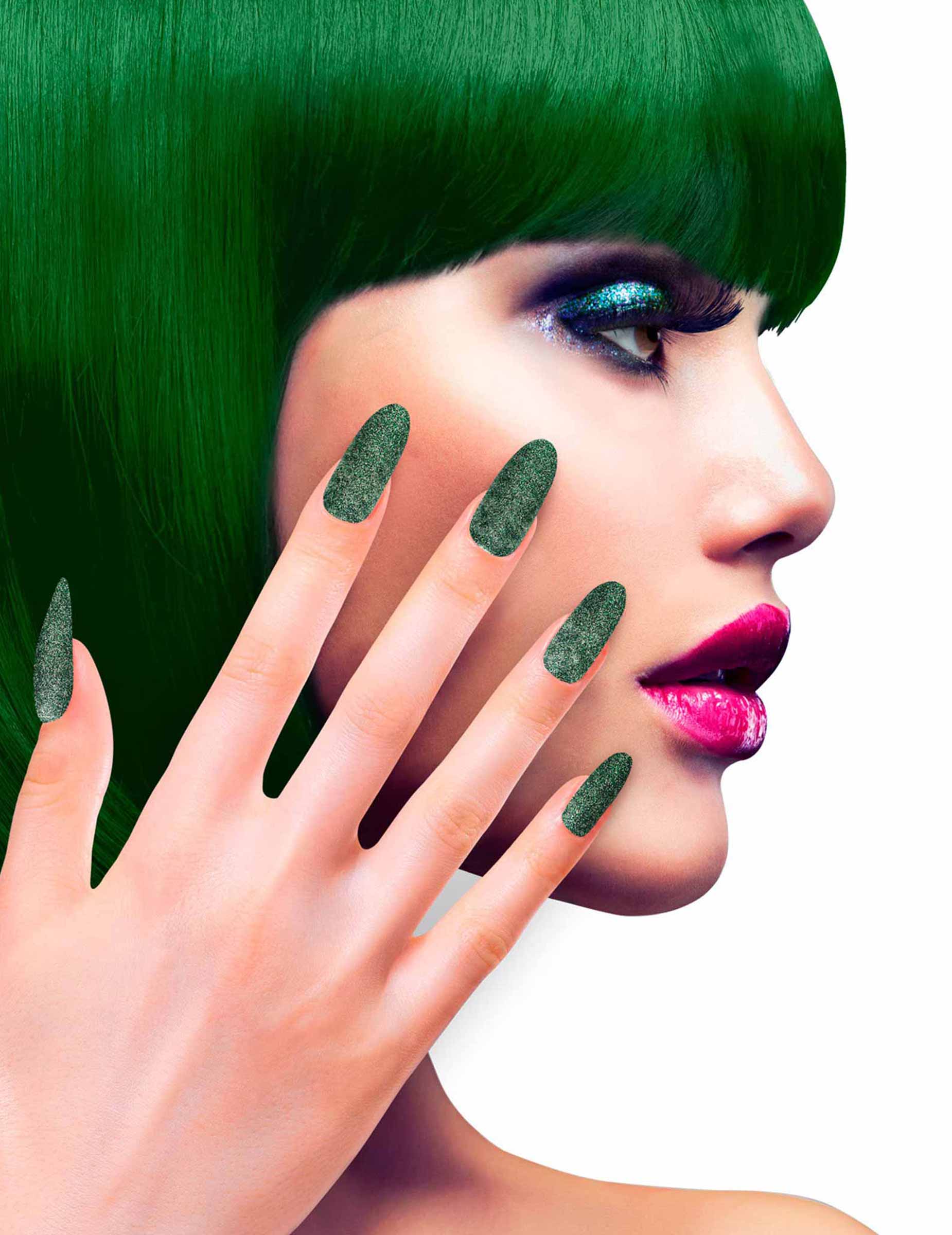 Faux ongles adhésifs verts pailletés adulte