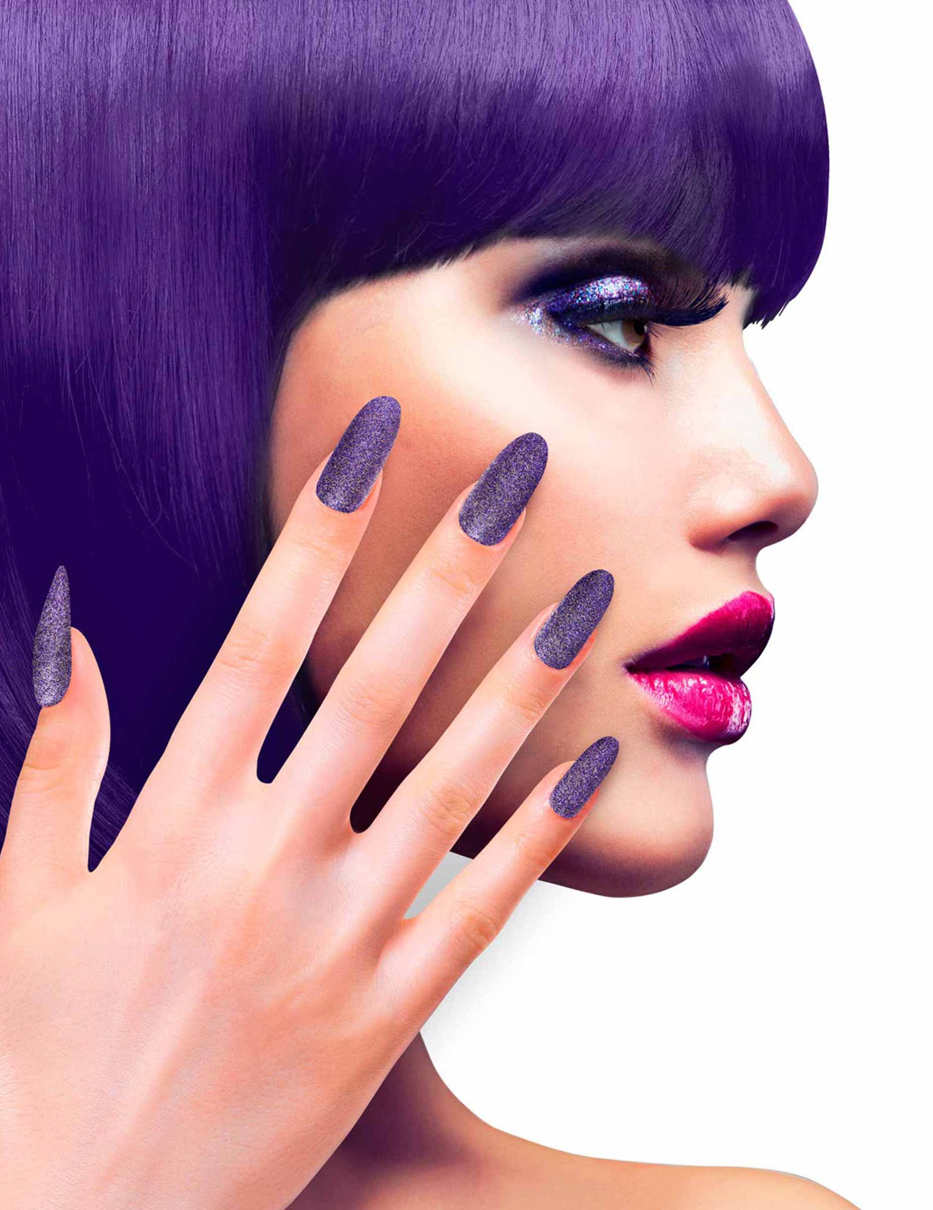 Faux ongles adhésifs violets pailletés adulte