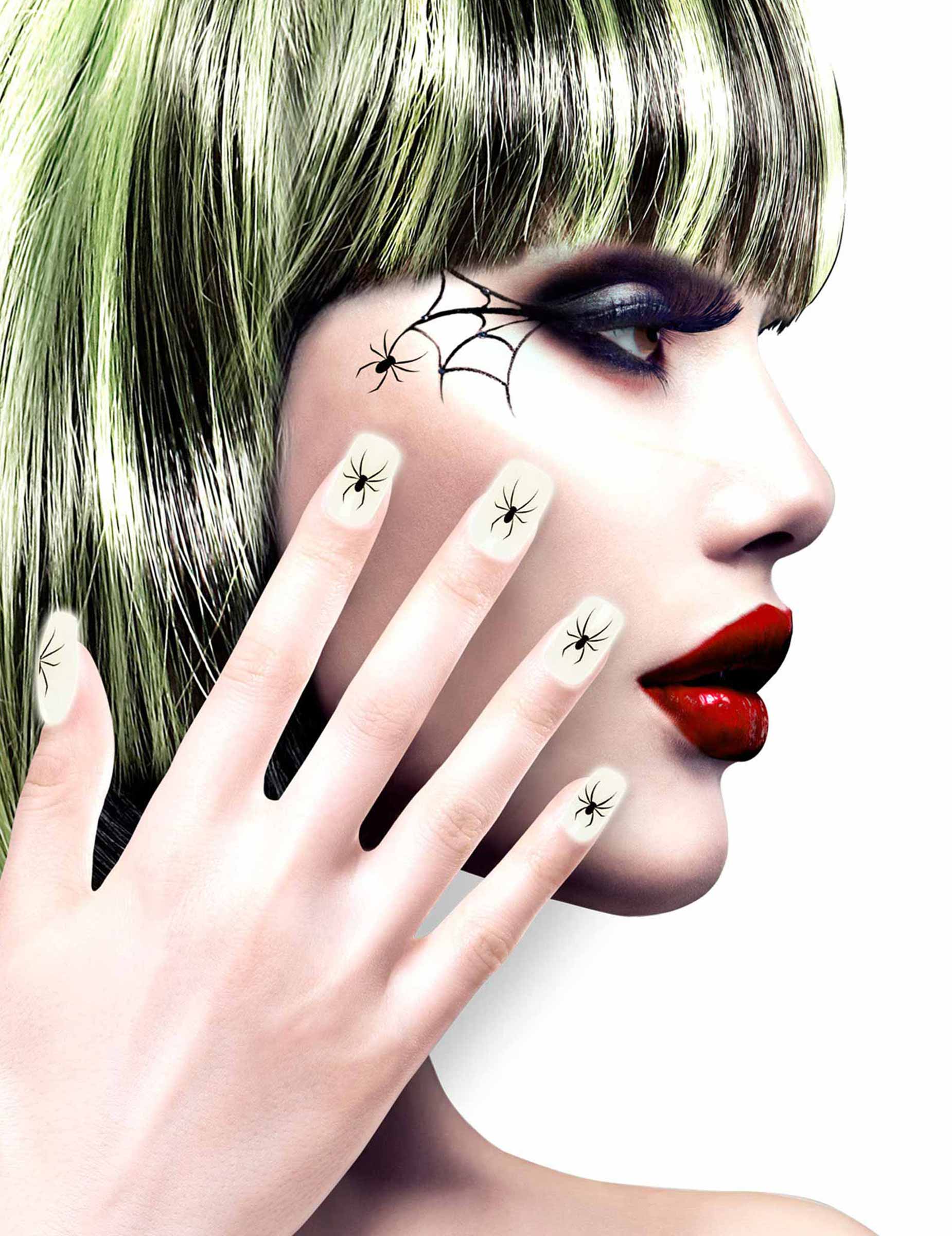 Faux ongles adhésifs blancs avec araignées femme Halloween