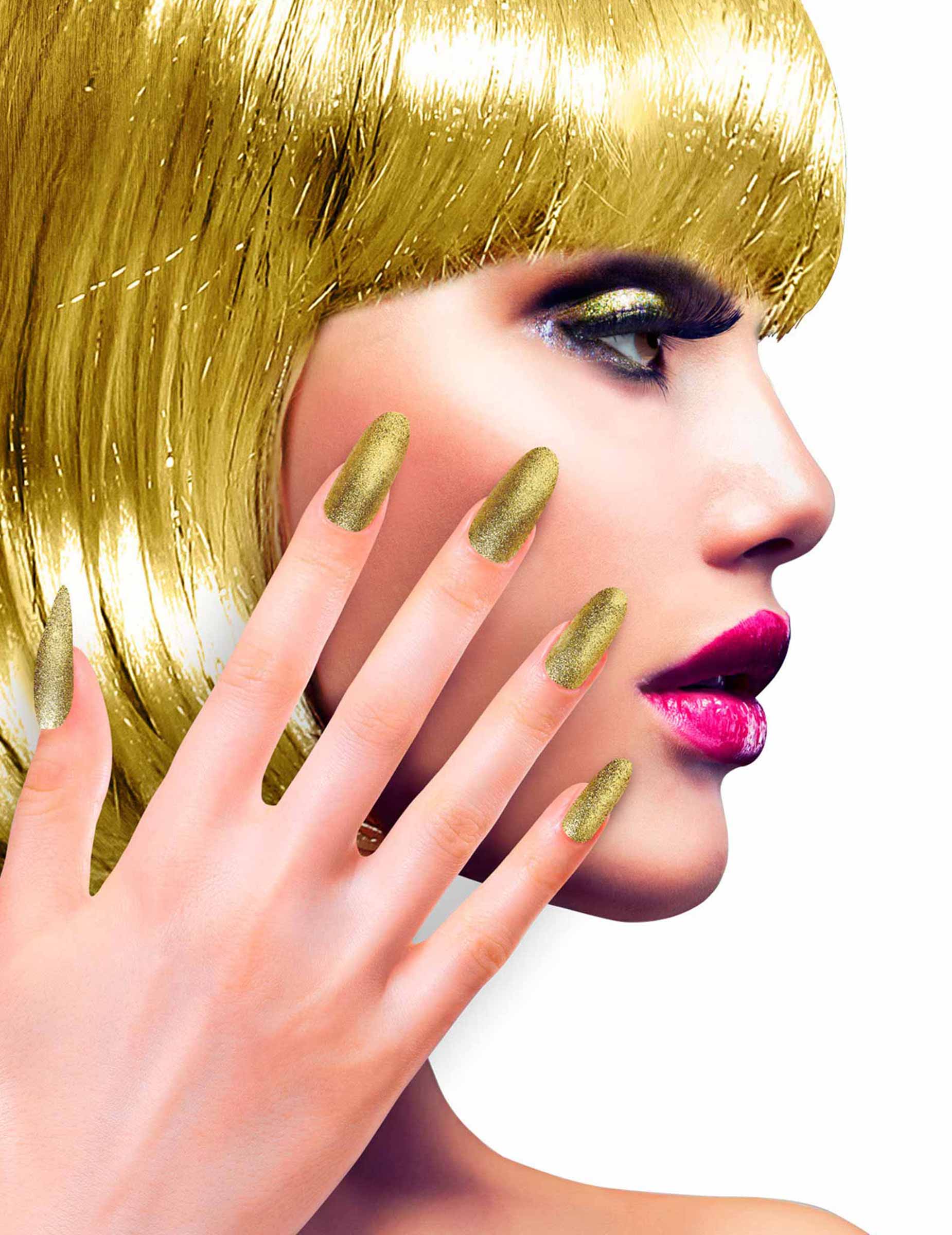 Faux ongles adhésifs dorés paillettés adulte