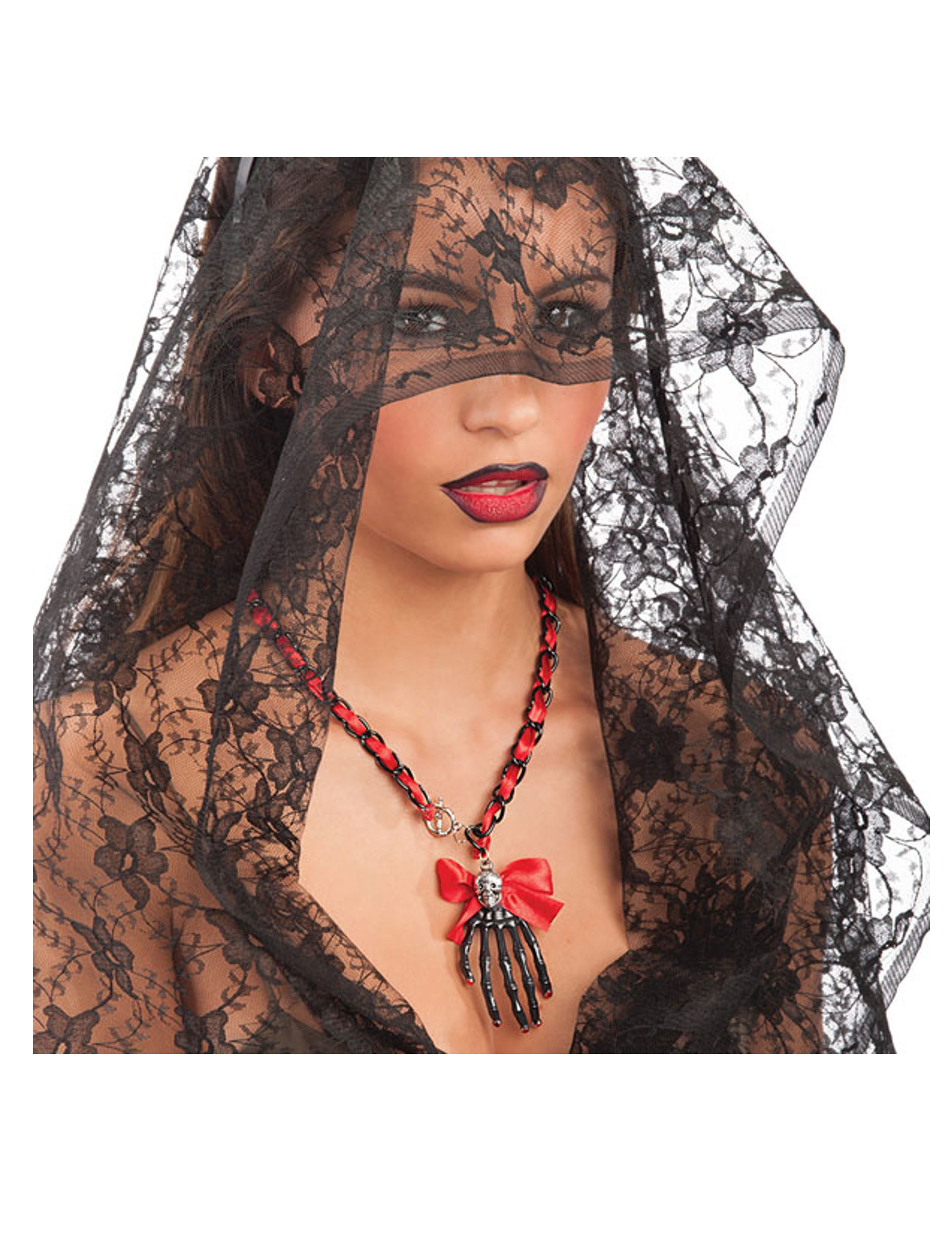 Collier main squelette noir et rouge Halloween