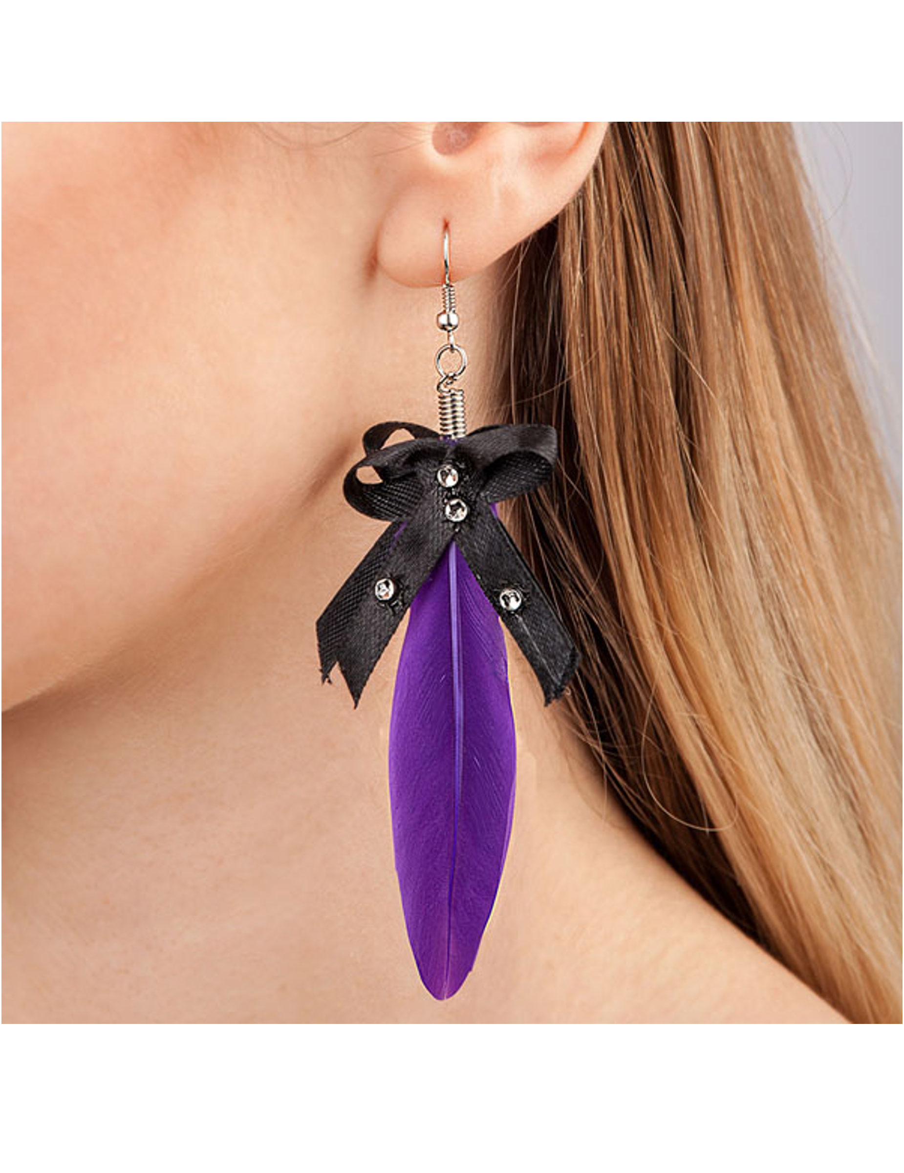 Boucles d'oreilles plume violette adulte