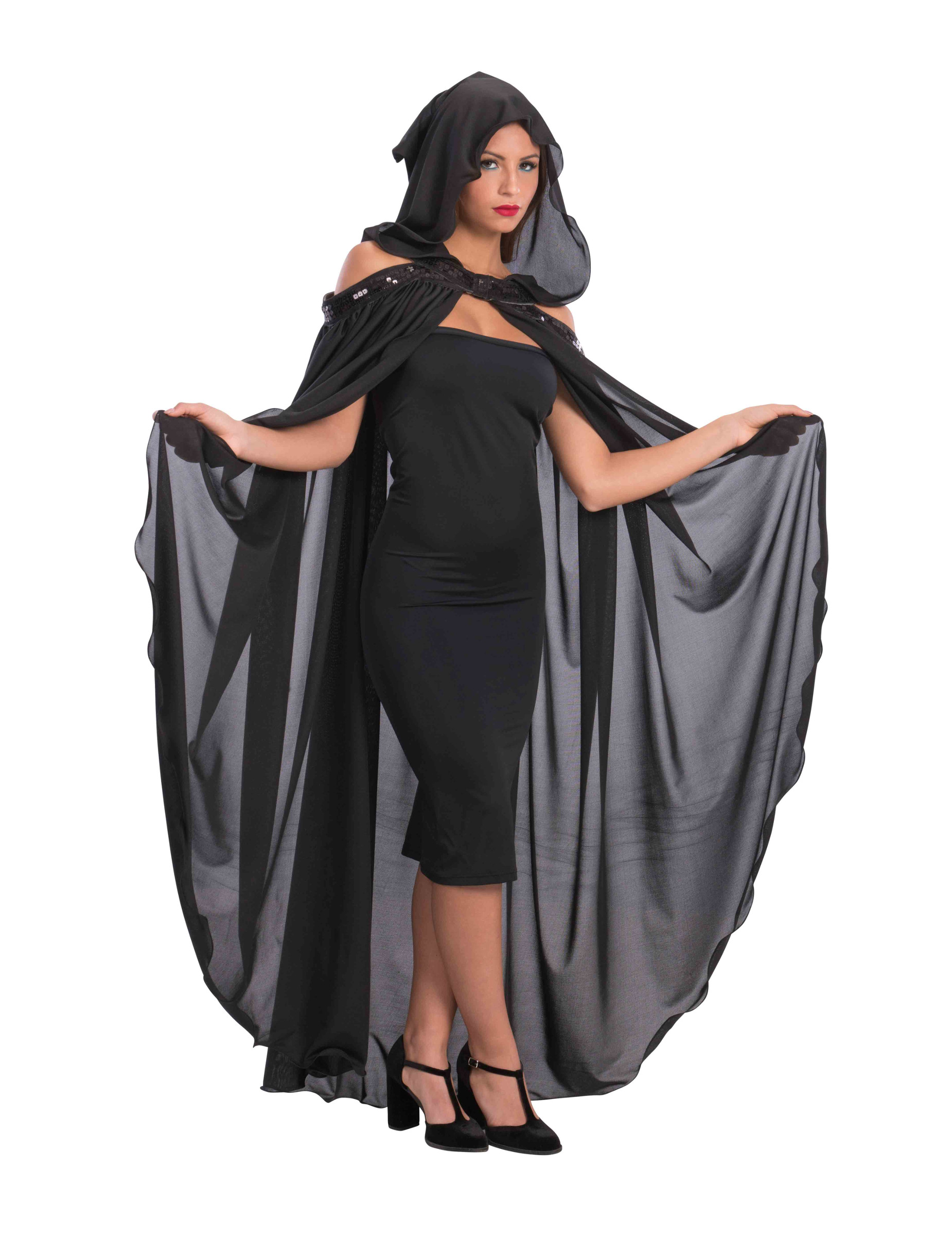 Cape longue noire avec capuche femme