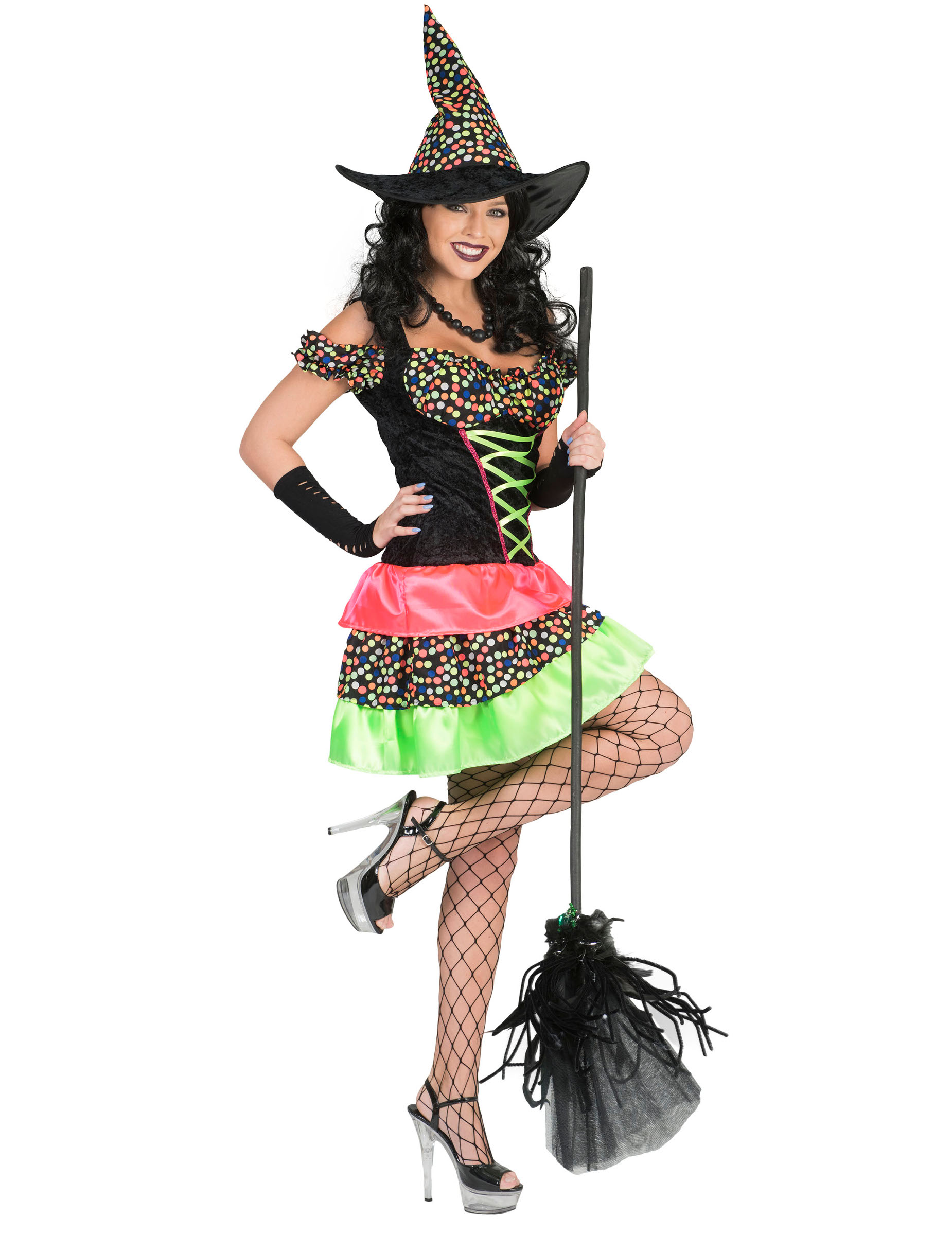 Déguisement sorcière à pois colorés femme Halloween