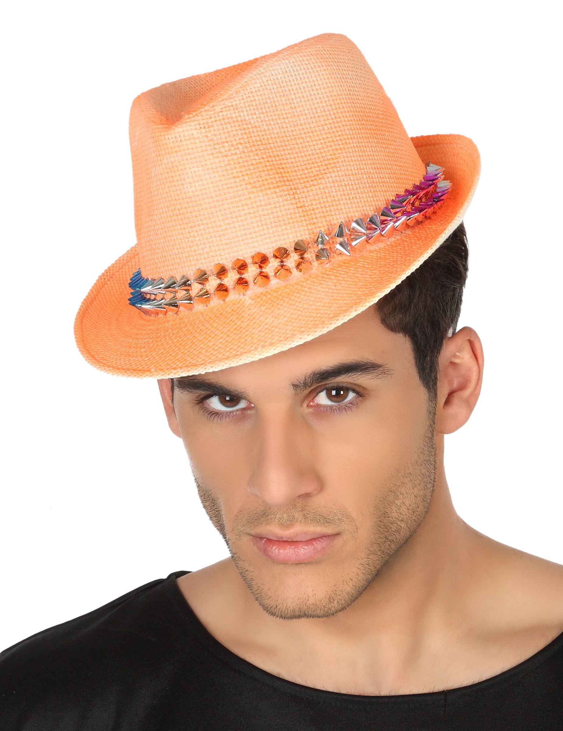 Chapeau borsalino orange avec bande cloutée adulte