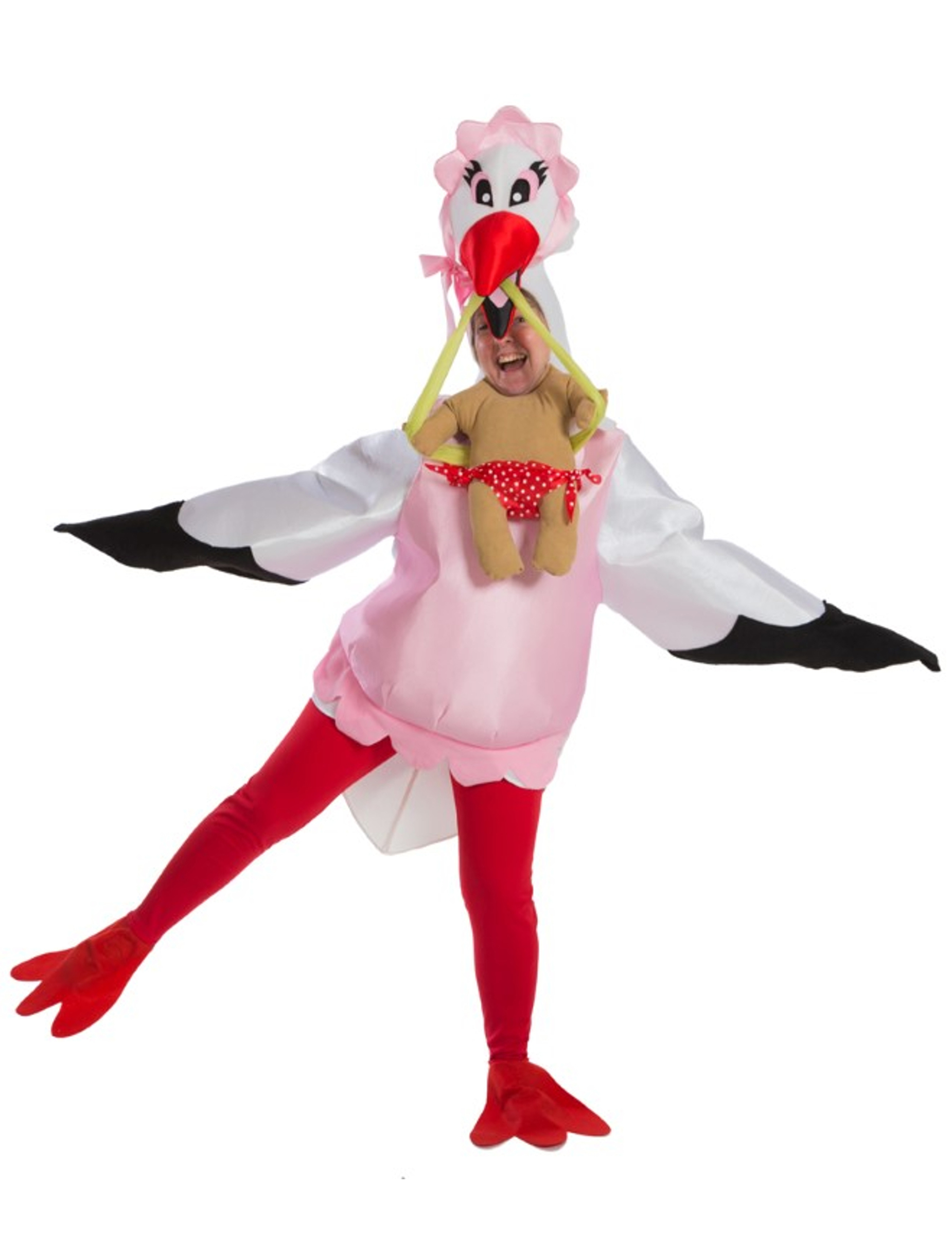 Déguisement bébé porté par une cigogne rose adulte