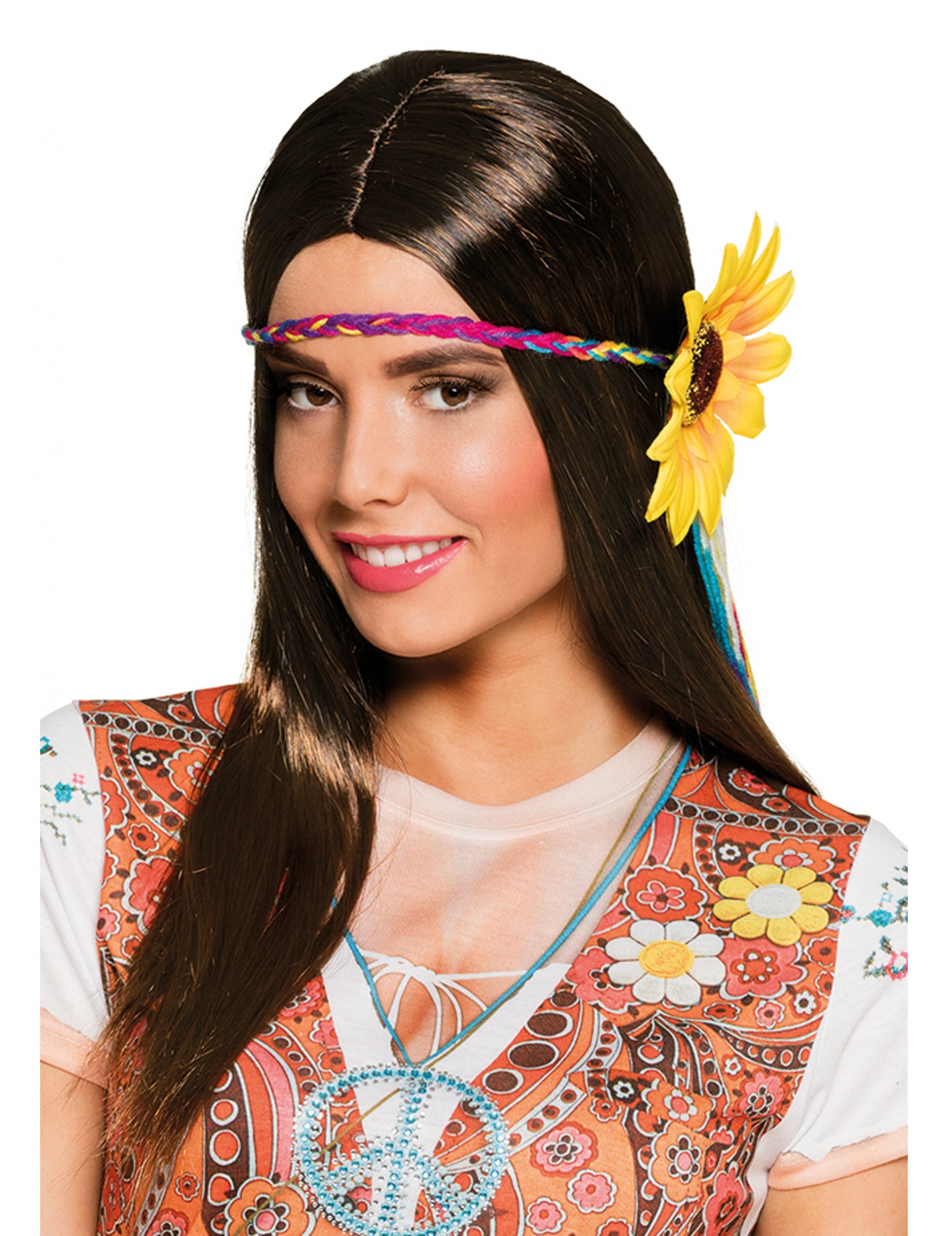 Perruque longue châtain avec tour de tête tournesol femme