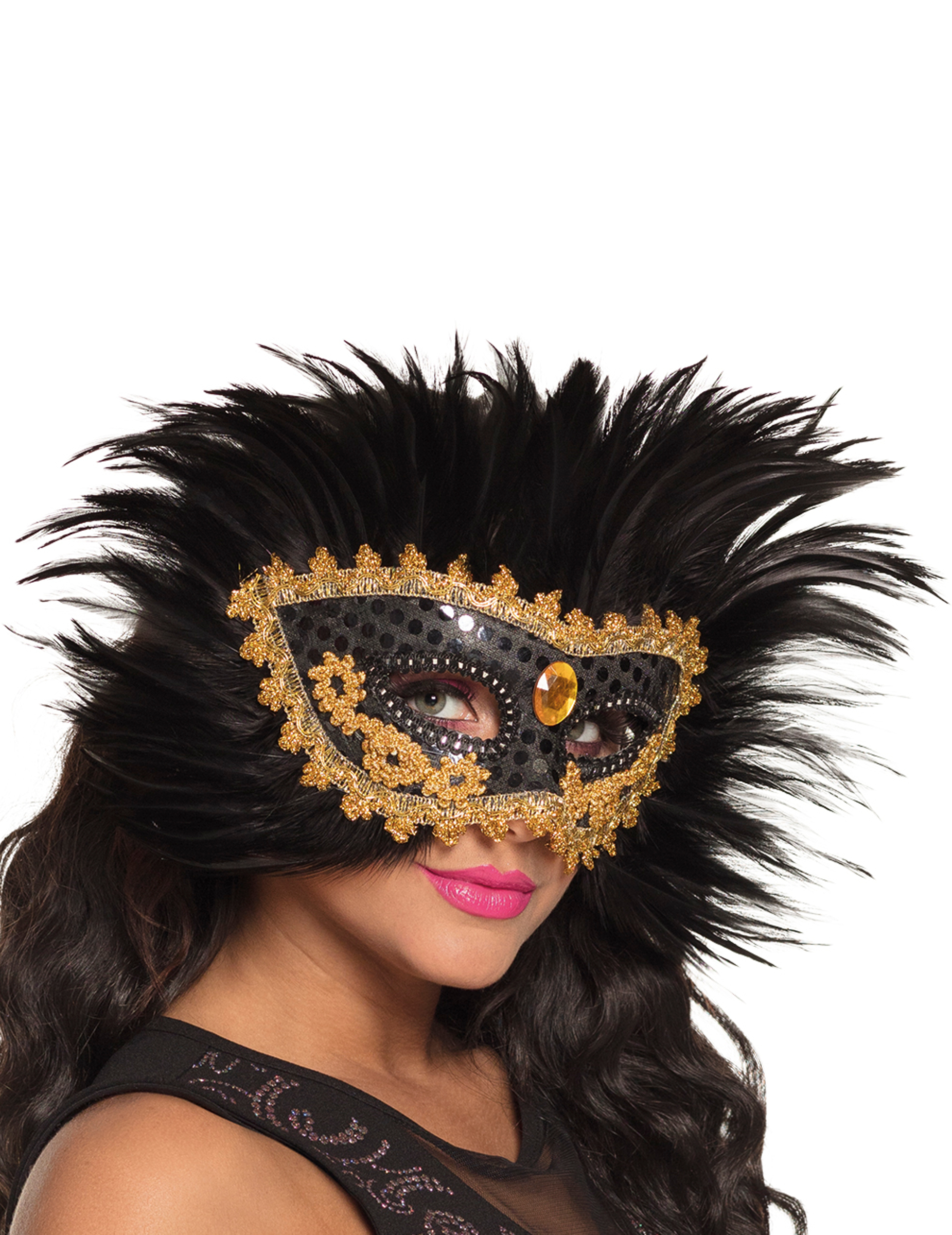 Loup vénitien avec plumes noires femme
