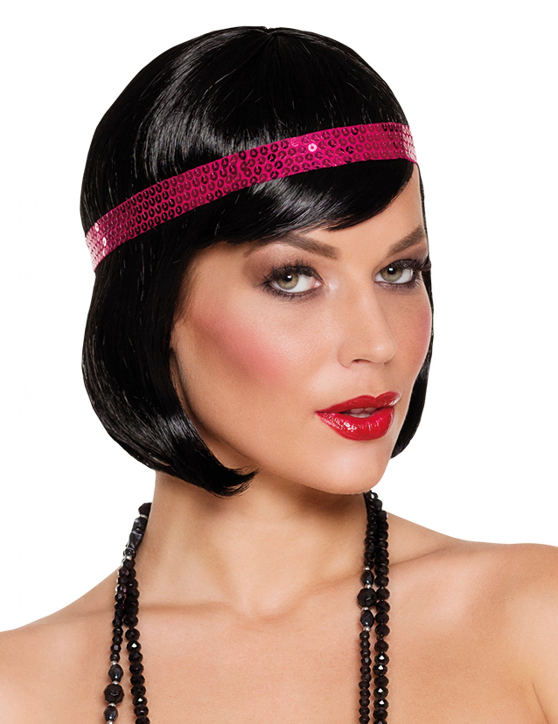 Perruque courte noire cabaret avec bandeau à sequins rose femme