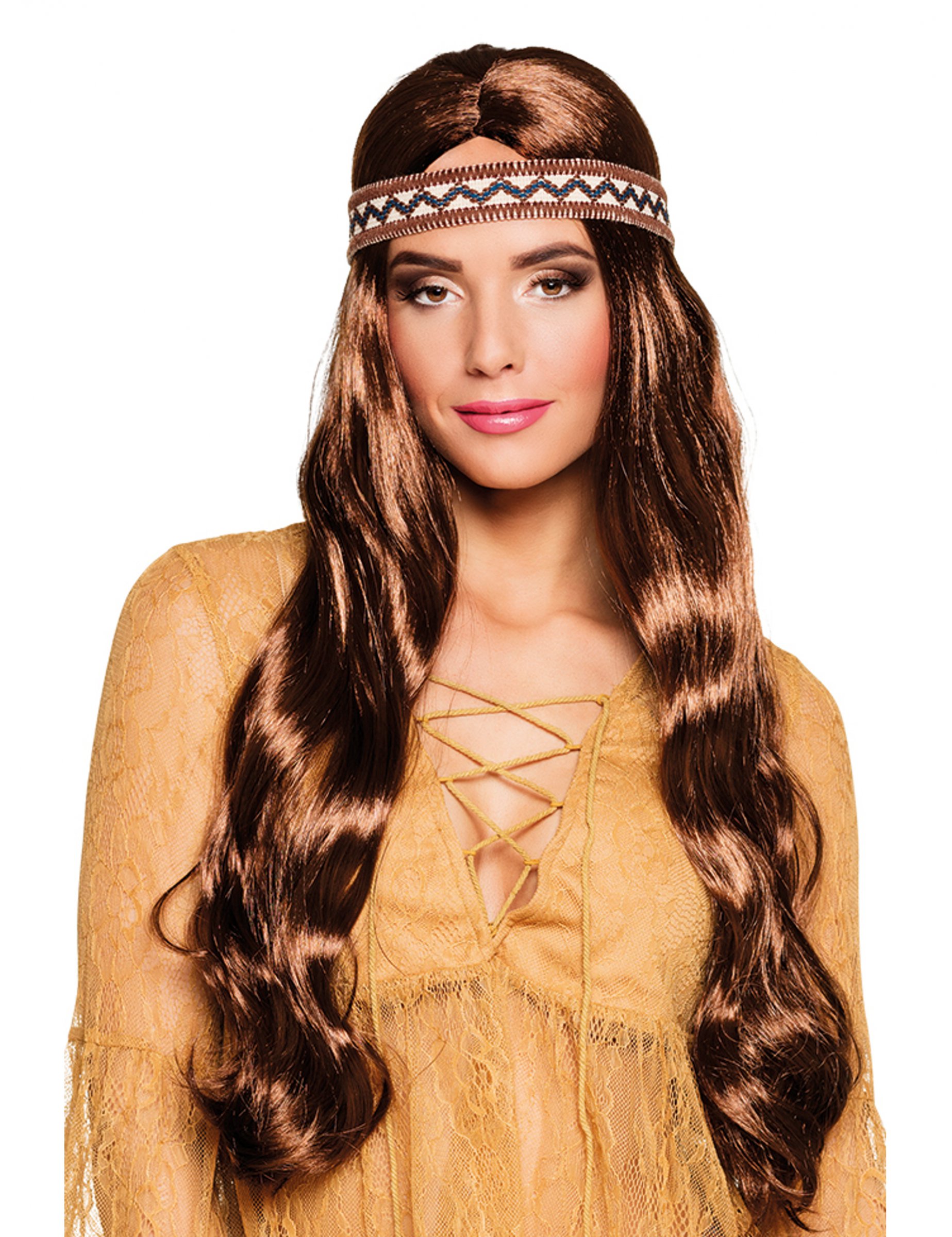 Perruque longue auburn avec bandeau indien femme
