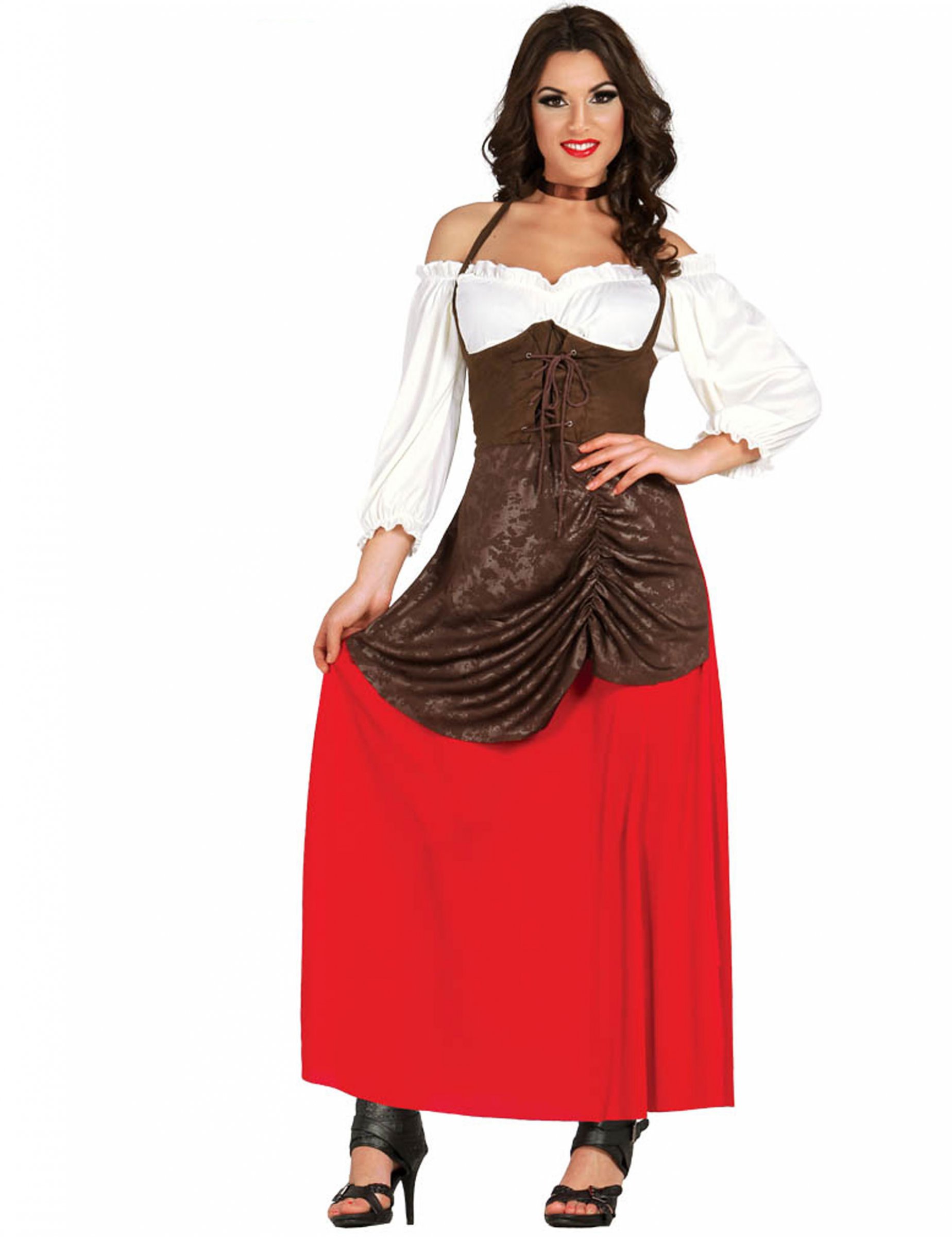 Déguisement tavernière marron et rouge femme