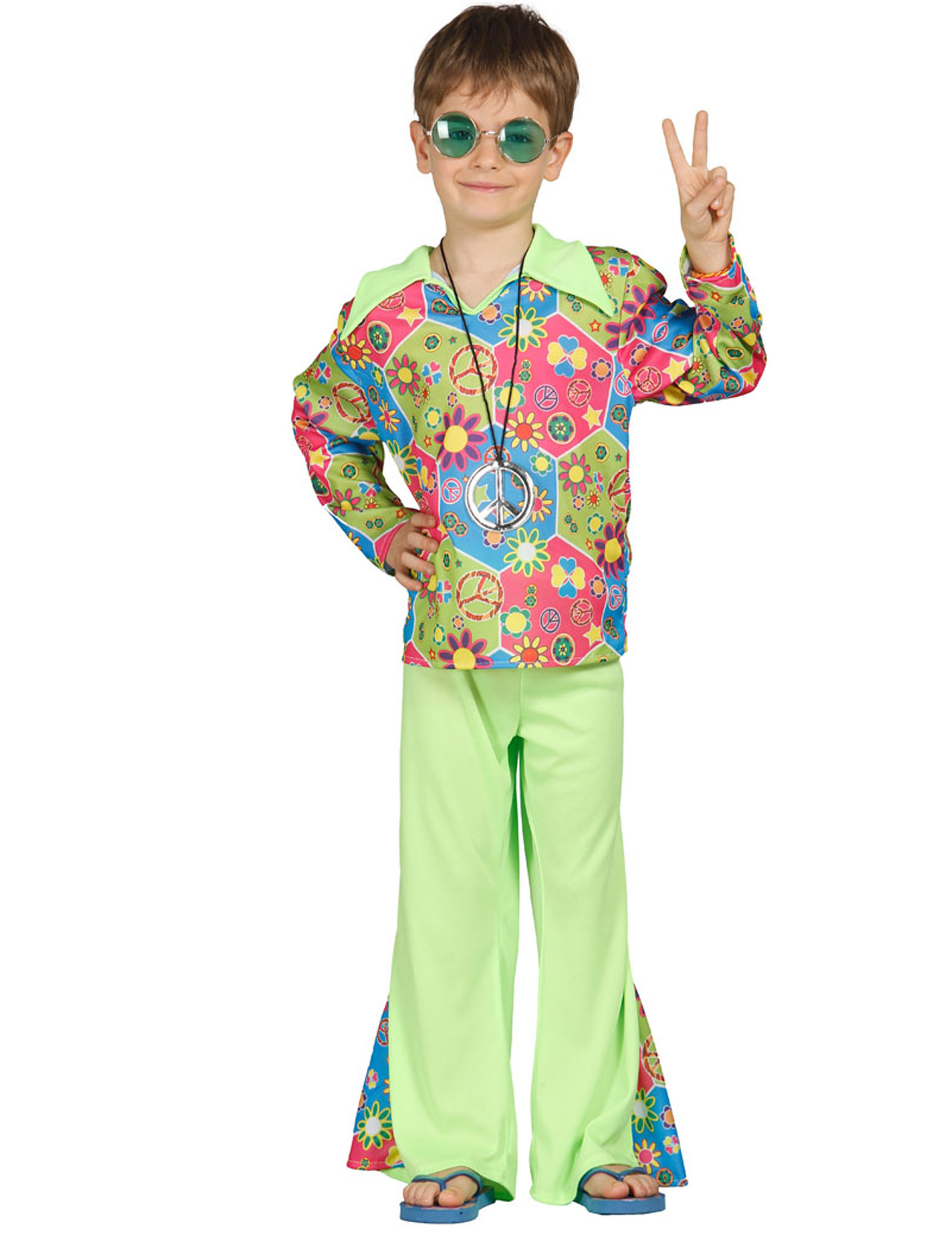 Déguisement hippie vert avec symboles colorés garçon