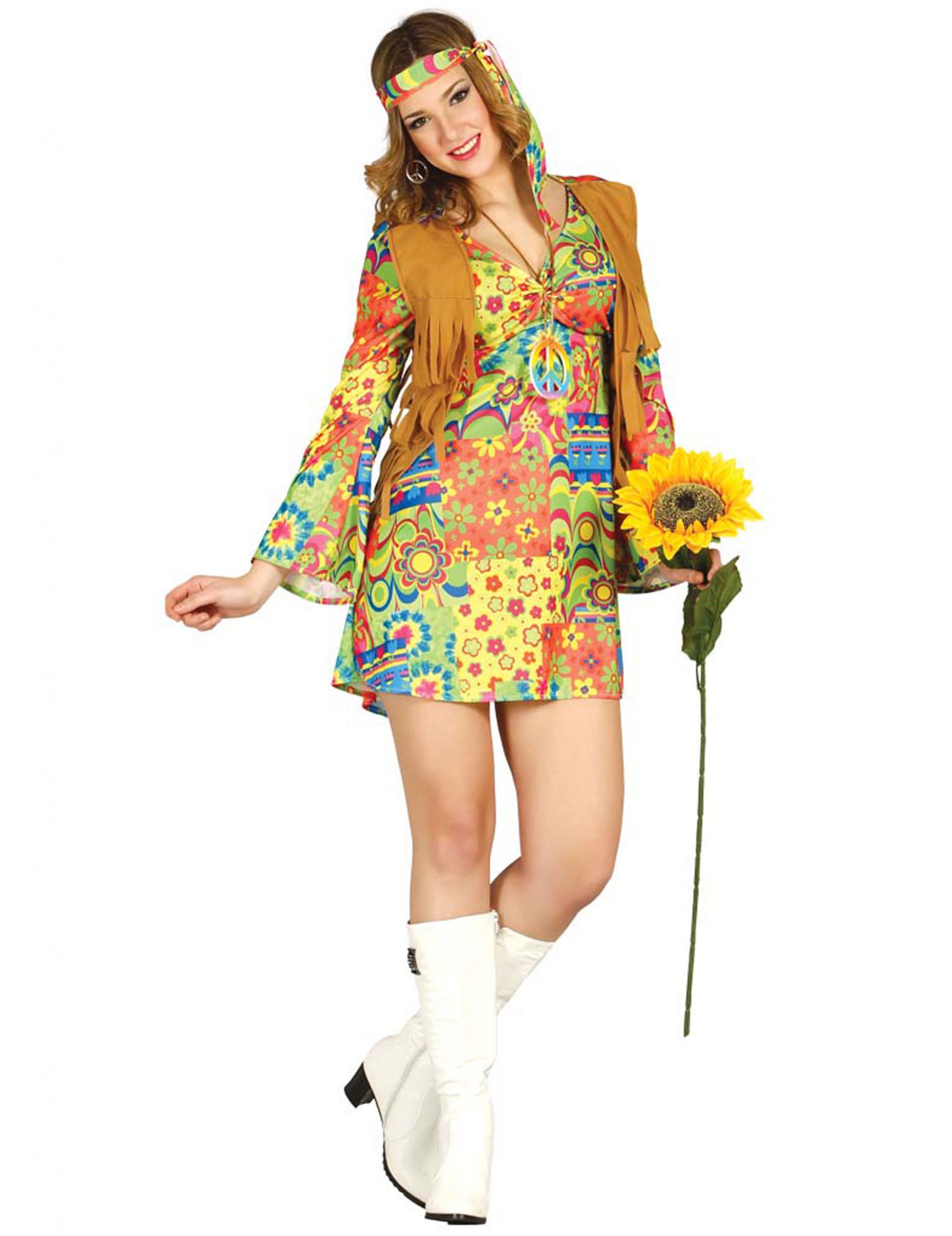 Déguisement hippie avec symboles colorés et gilet femme