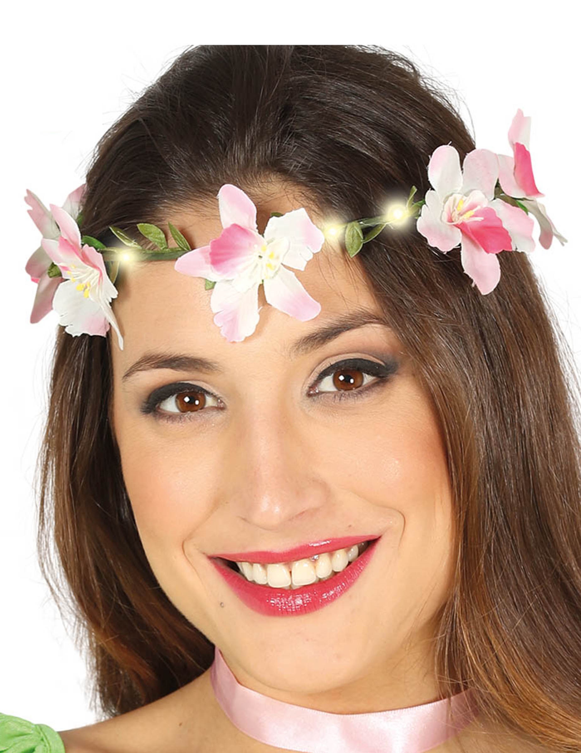 Couronne de fleurs roses lumineuse adulte