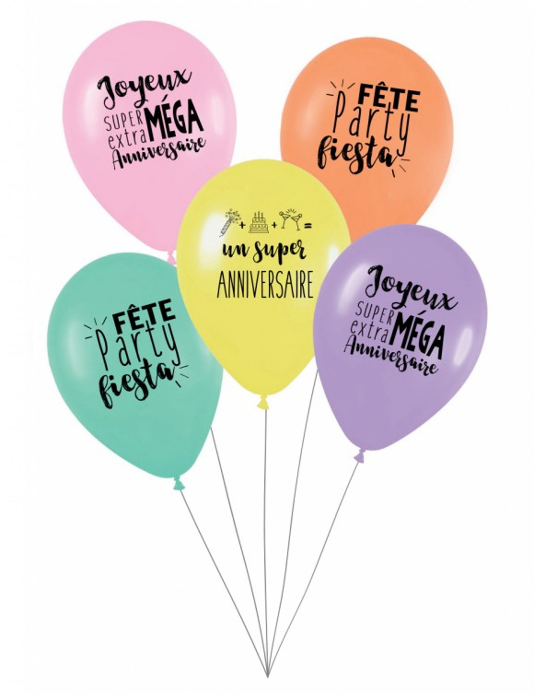 5 Ballons latex biodégradable Super anniversaire pastel 27 cm