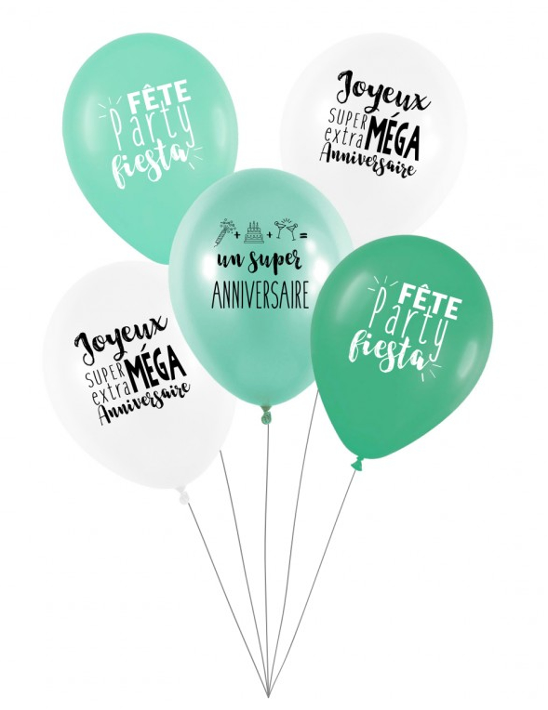 5 Ballons latex biodégradable Super anniversaire menthe 27 cm