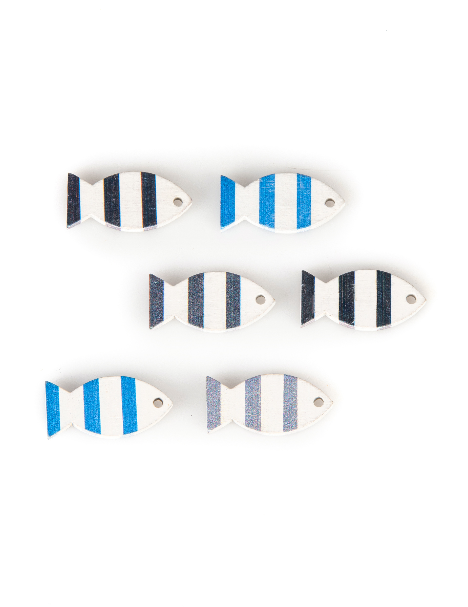 6 Poissons en bois décoratifs bleus et gris 3 x 2 cm