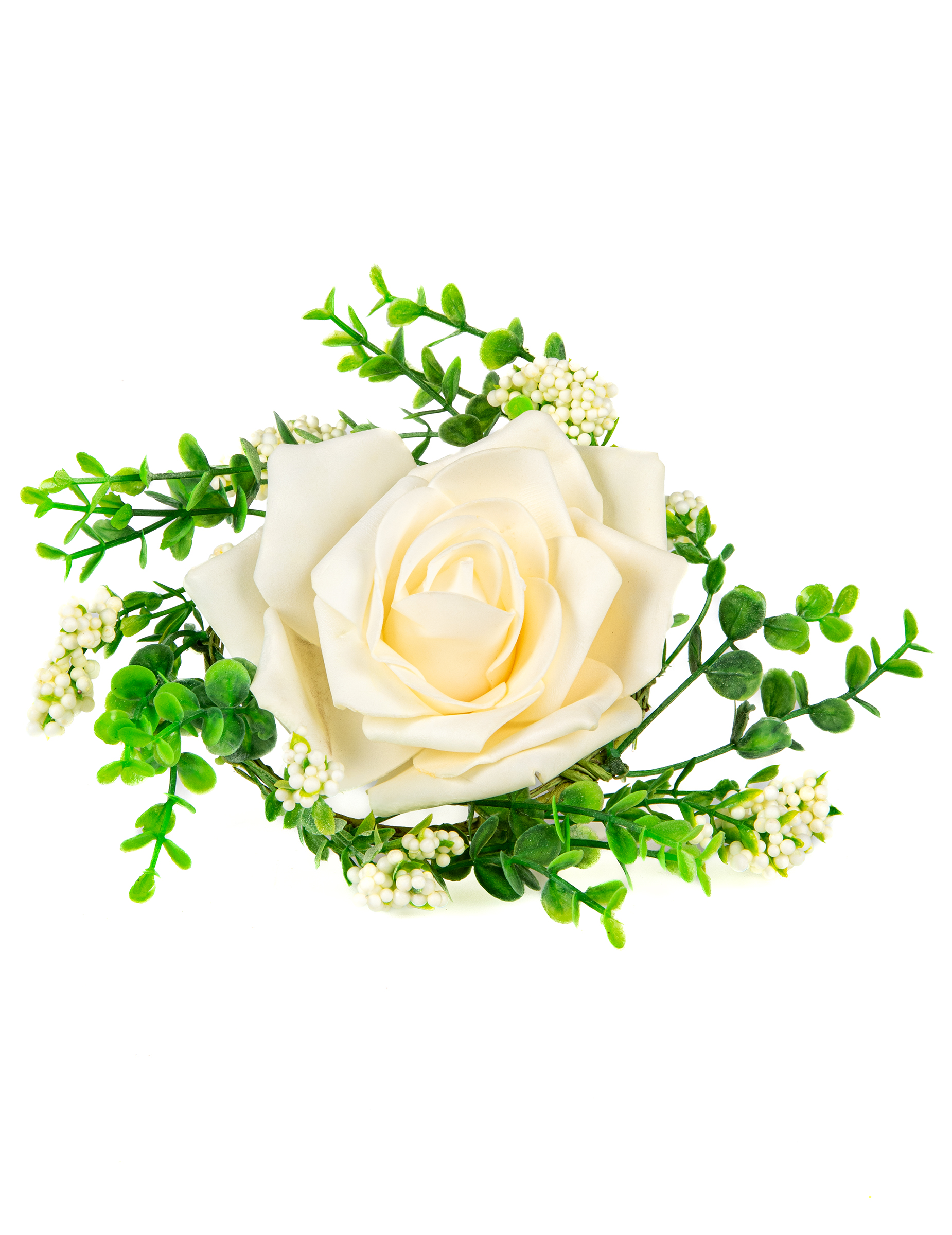 Centre de table rose et feuillage ivoire 18 cm