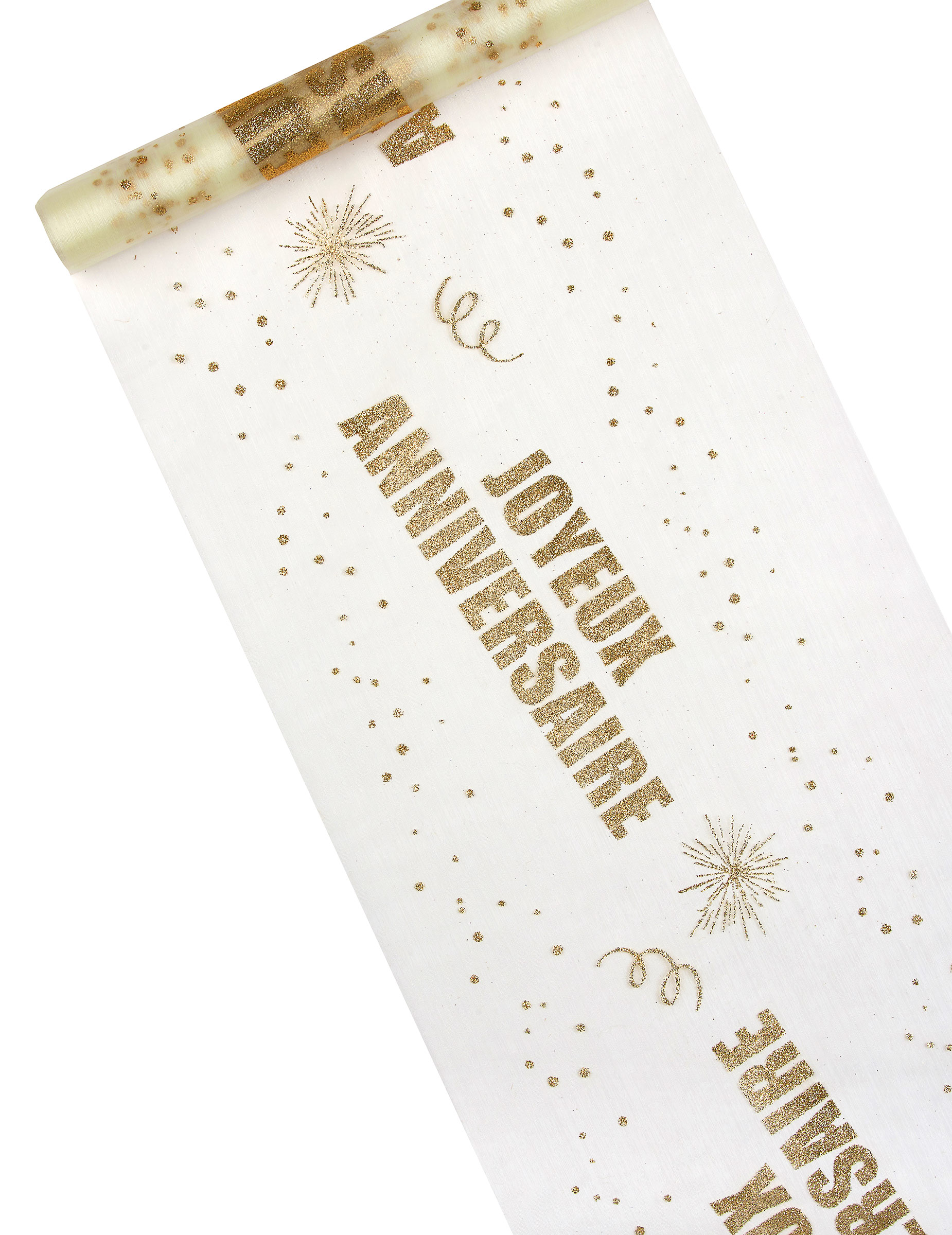 Chemin de table organza Joyeux Anniversaire doré 29 cm x 5 m