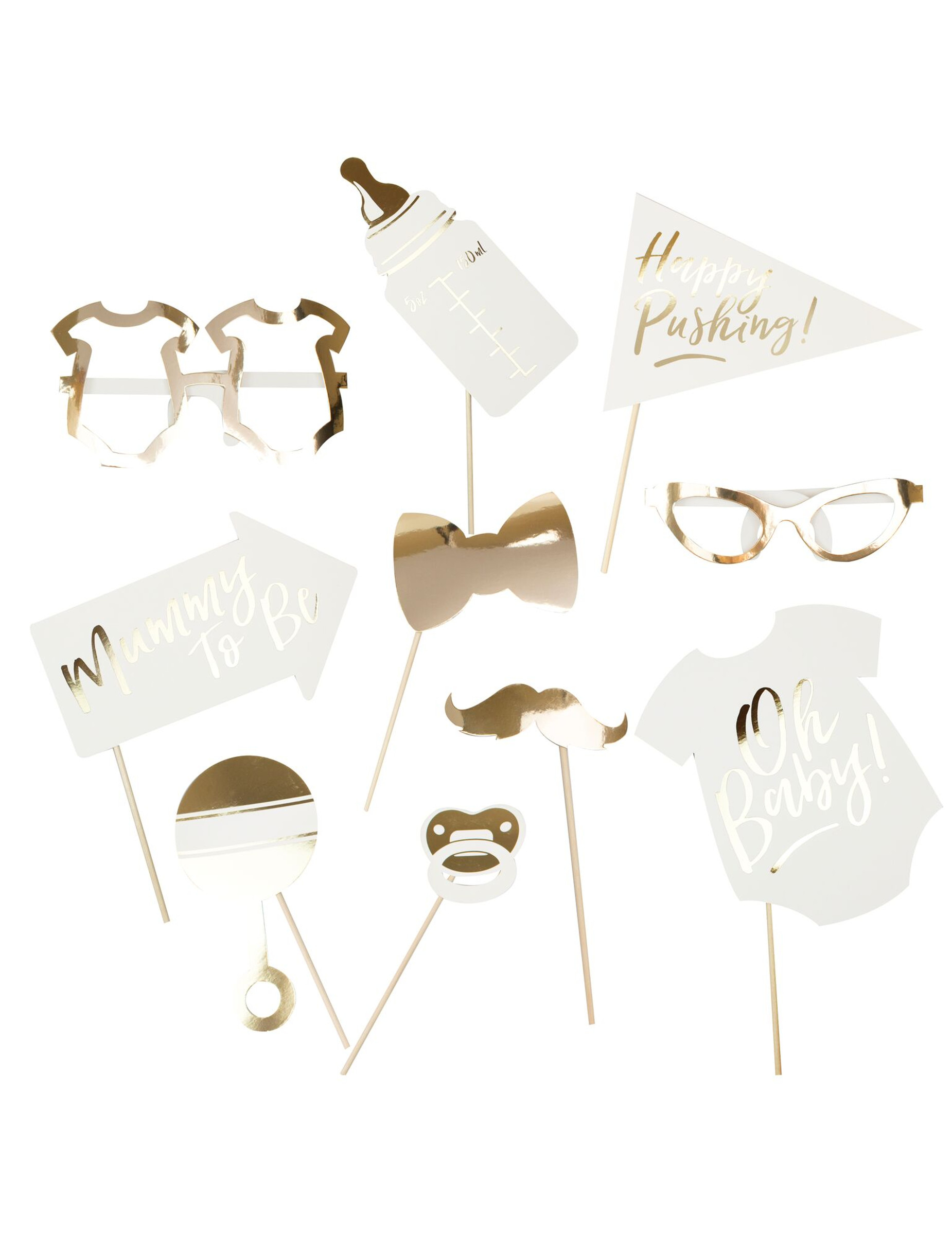 Kit Photobooth Baby Shower blanc et doré métallisé 10 accessoires
