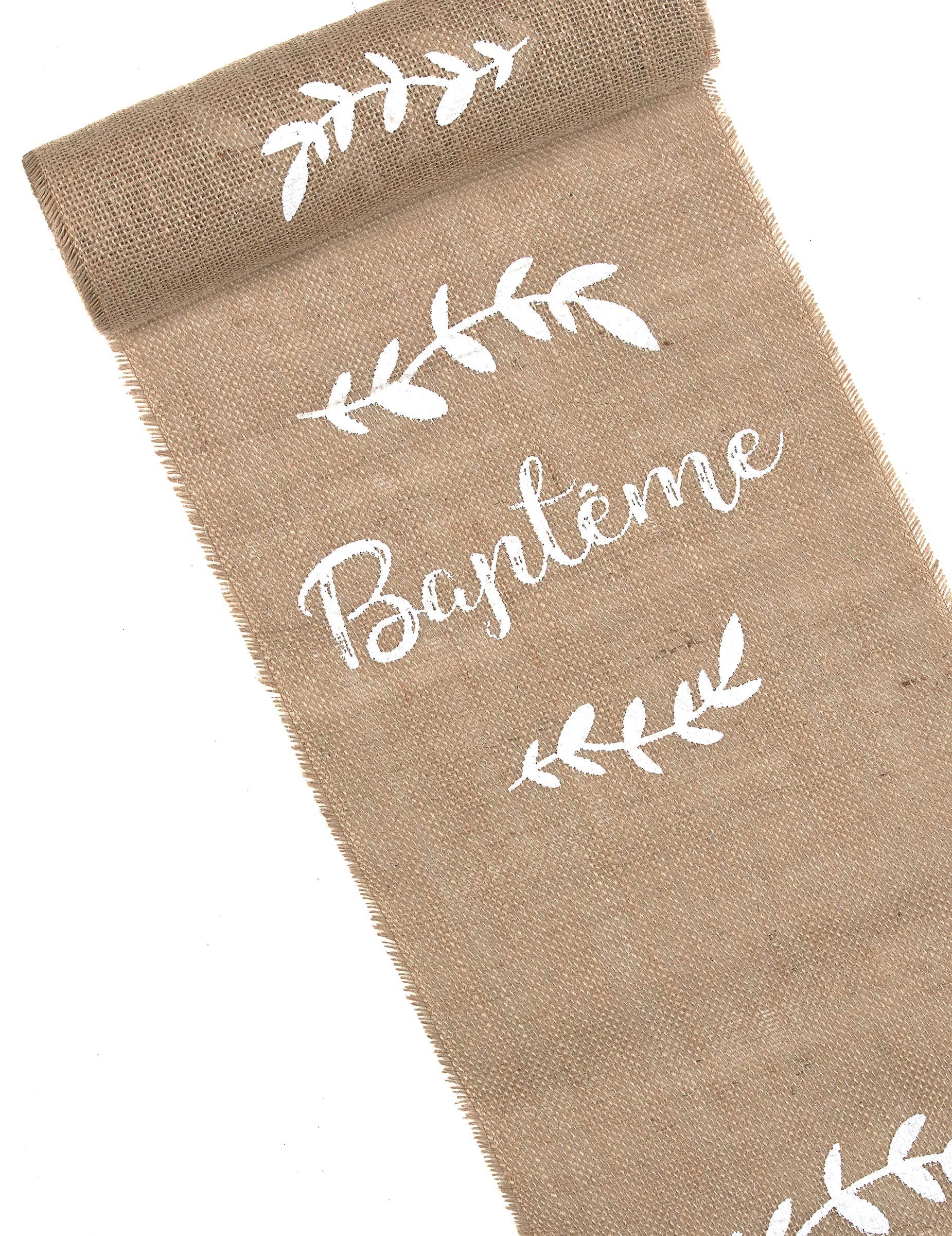 Chemin de table en toile de jute Baptême 28 cm x 5 m