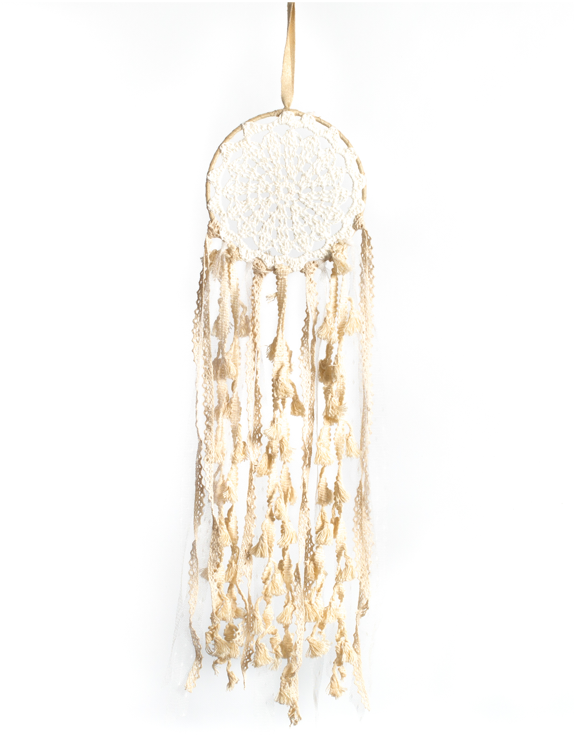 Attrape rêves en dentelle et pompons ivoire 15 x 50 cm