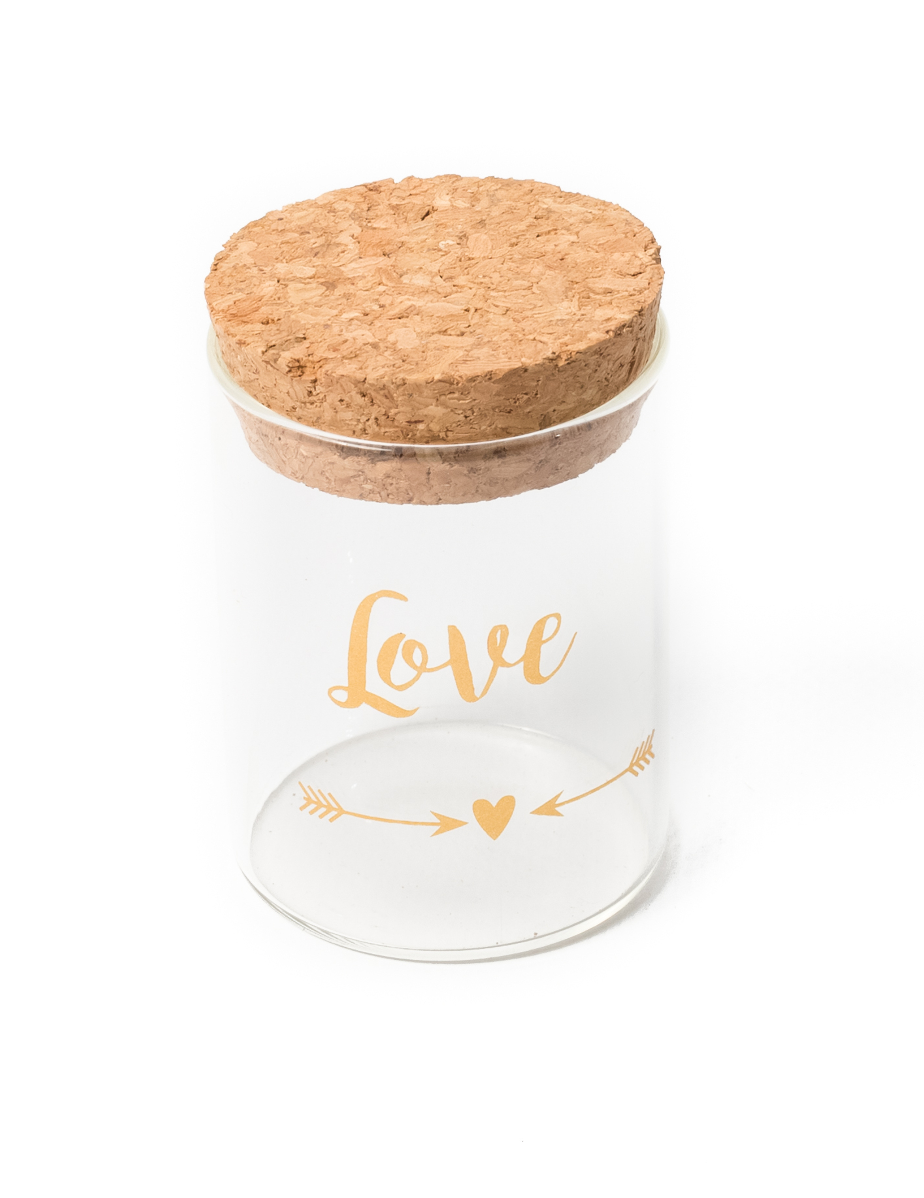 Fiole en verre avec bouchon en liège Love doré 4,5 x 6 cm