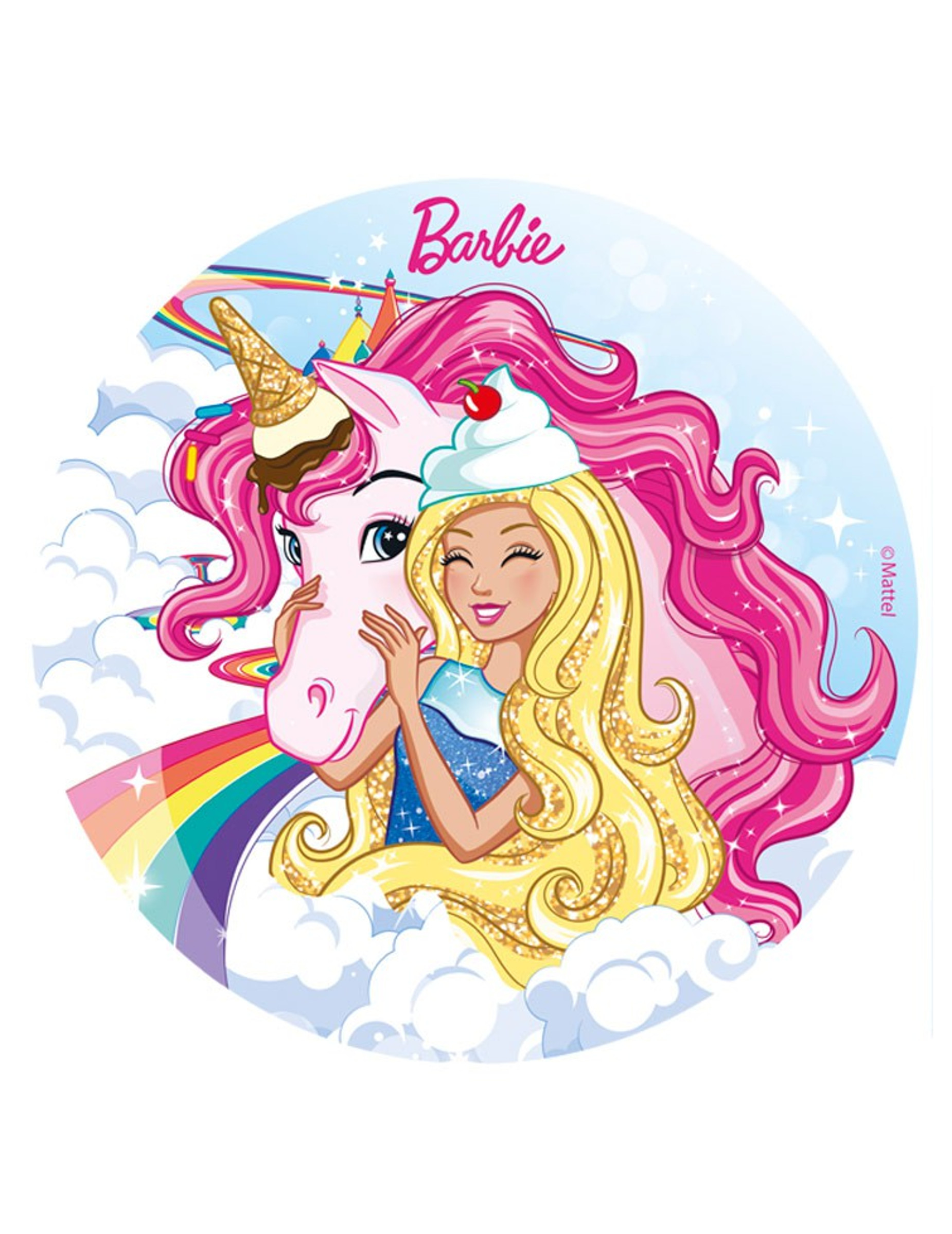 Disque en sucre Barbie et sa Licorne 20 cm