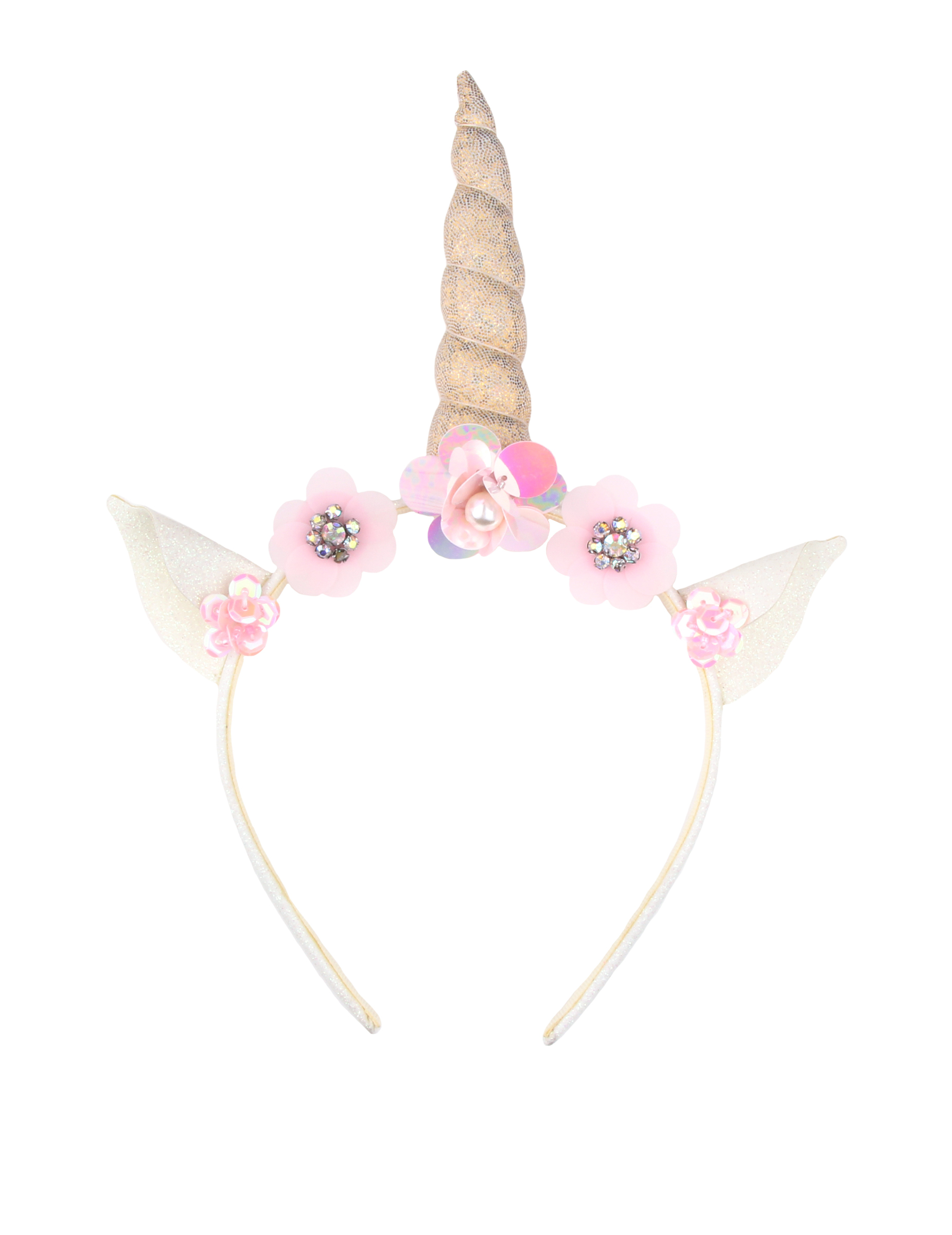 Serre-tête Licorne avec fleurs blanc rose et doré fille