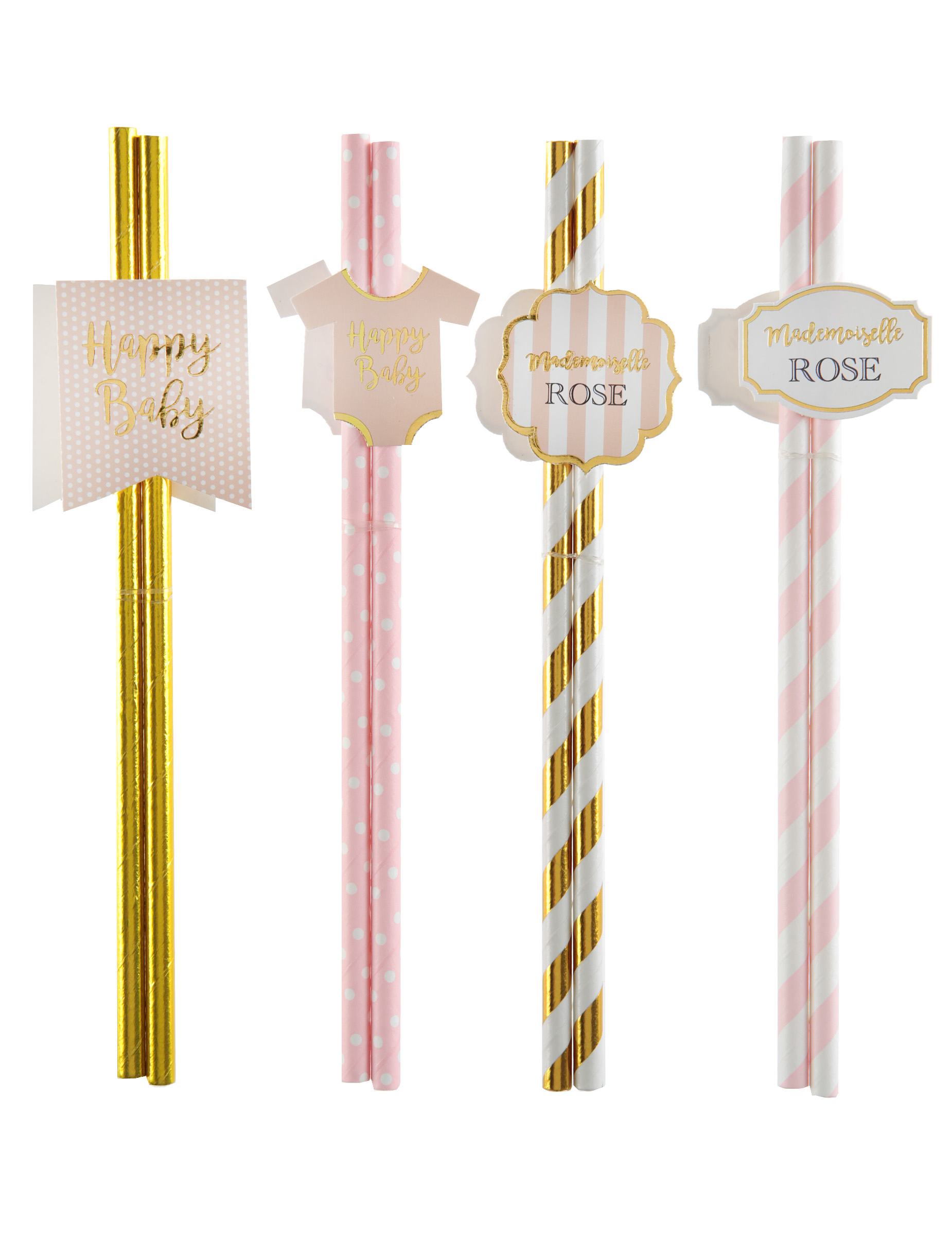 8 Pailles en carton Baby shower roses 19 cm