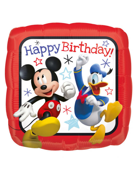 Ballon carré aluminium Happy Birthday Mickey 40 x 40 cm