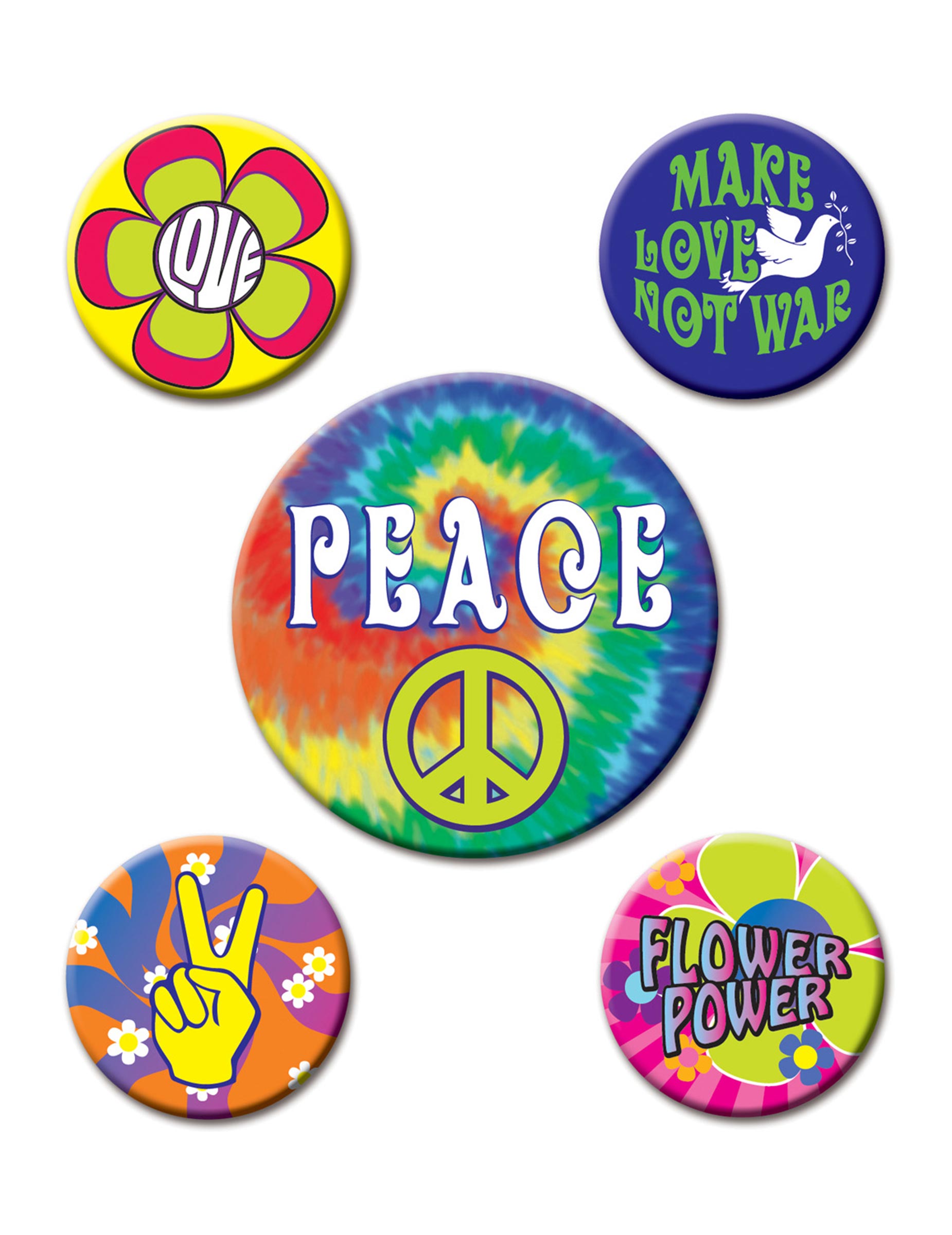 5 Badges 60's Hippies 3,5 à 6 cm