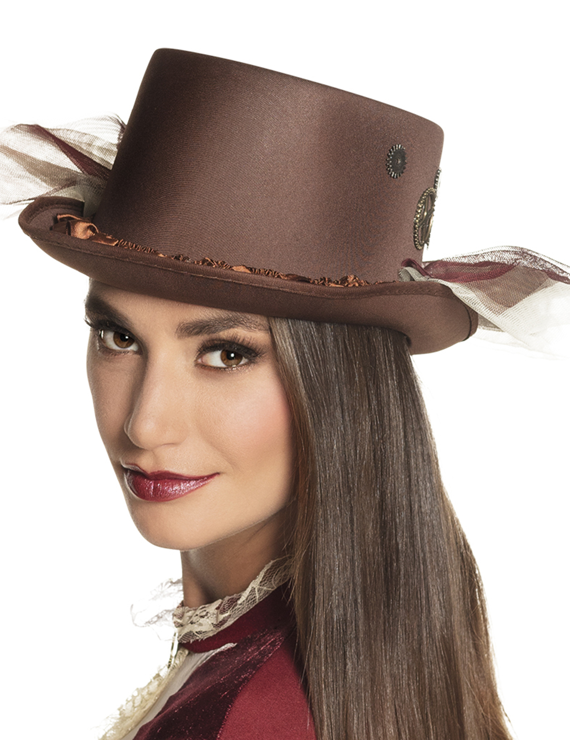 Chapeau haut de forme marron avec voiles Steampunk adulte