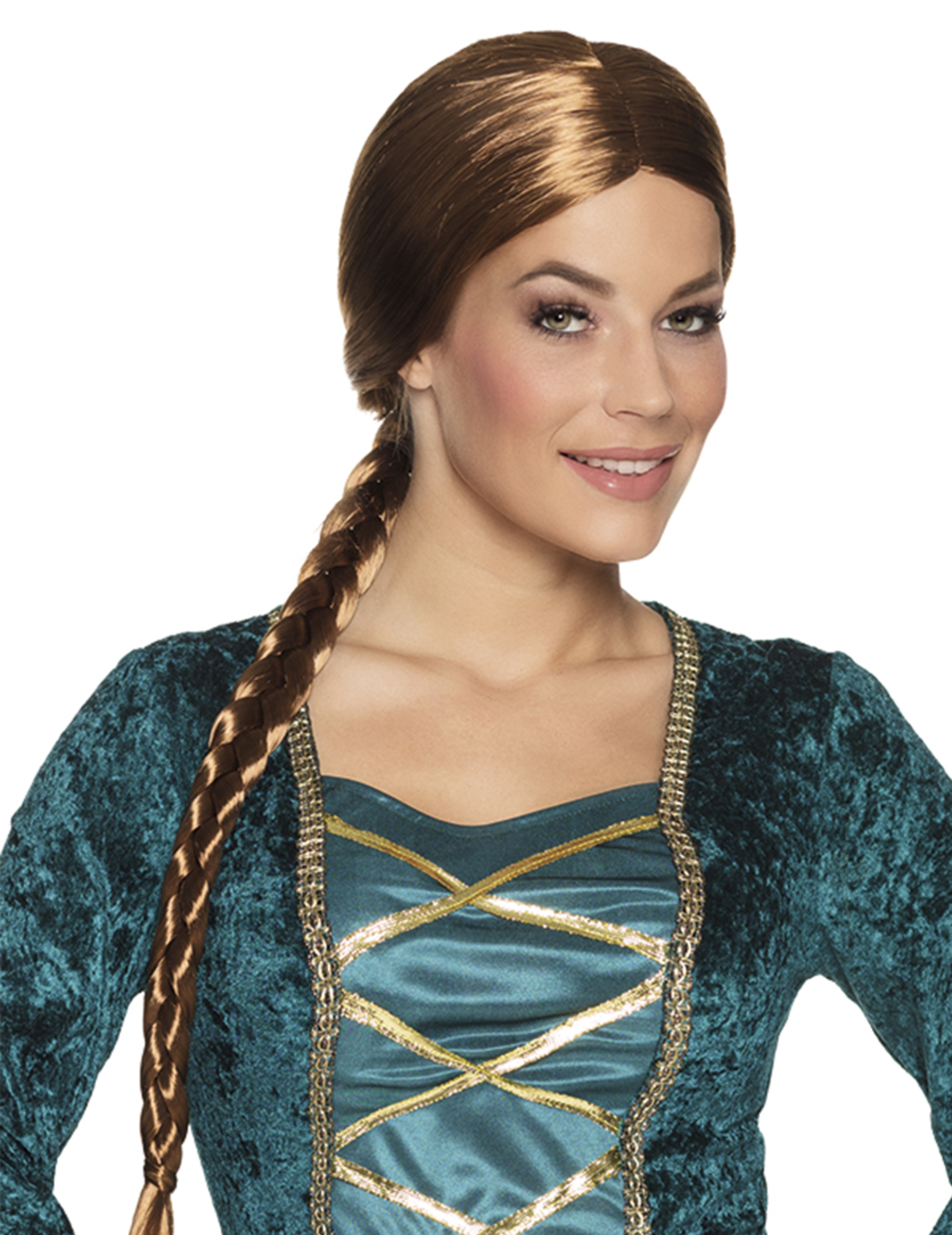 Perruque châtain médiévale avec tresse femme